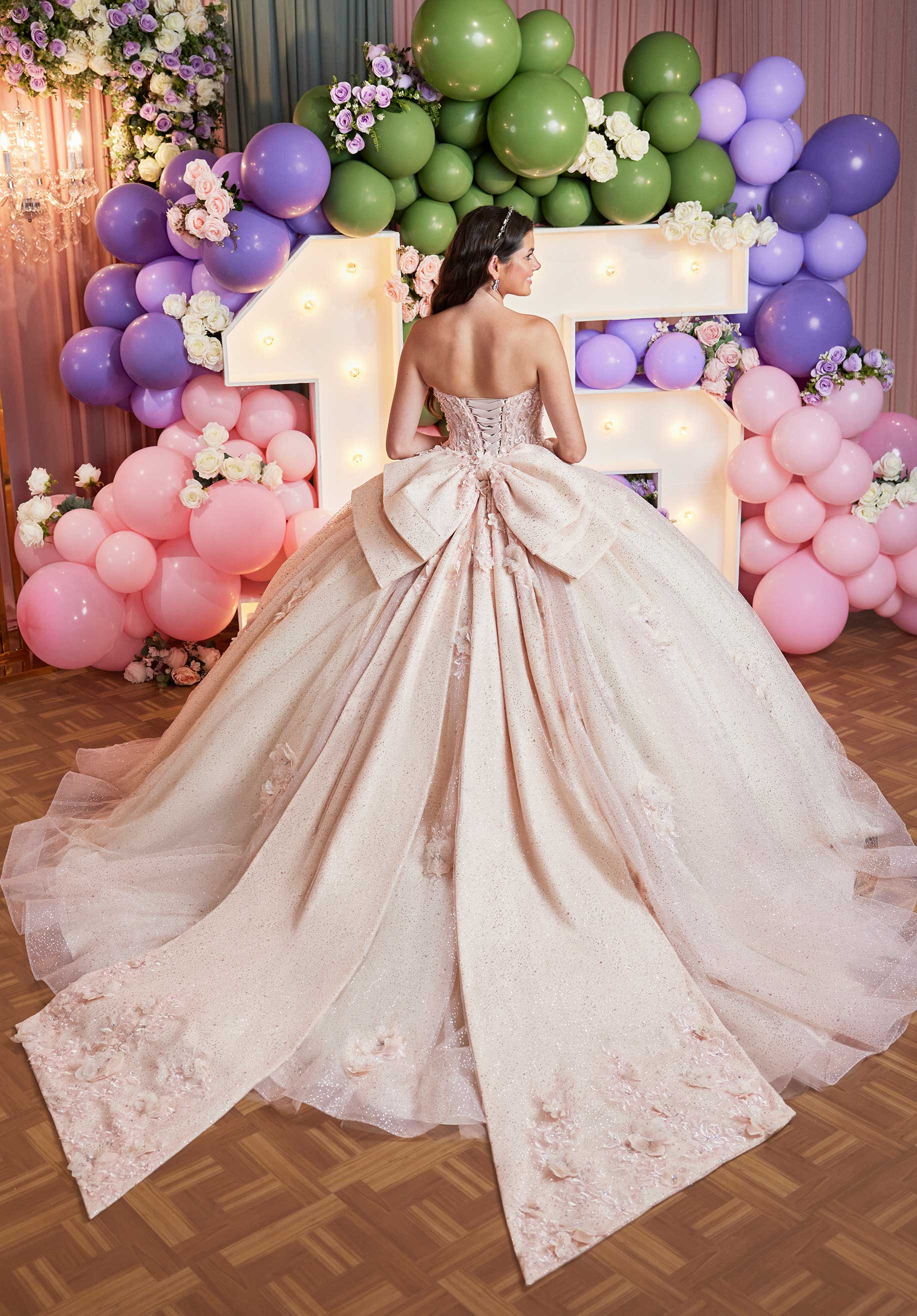 Embroidered and Three Dimensional Floral Appliquéd Glitter Tulle Quinceañera Dress - Image 7