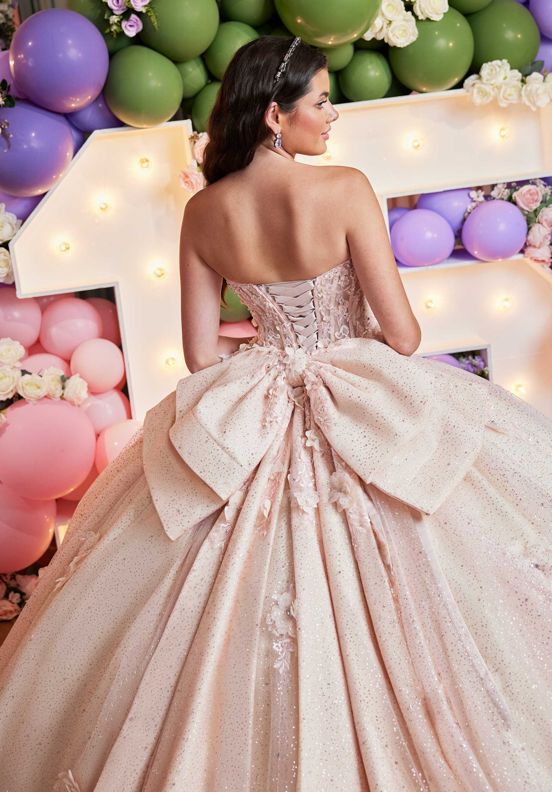 Embroidered and Three Dimensional Floral Appliquéd Glitter Tulle Quinceañera Dress - Image 8