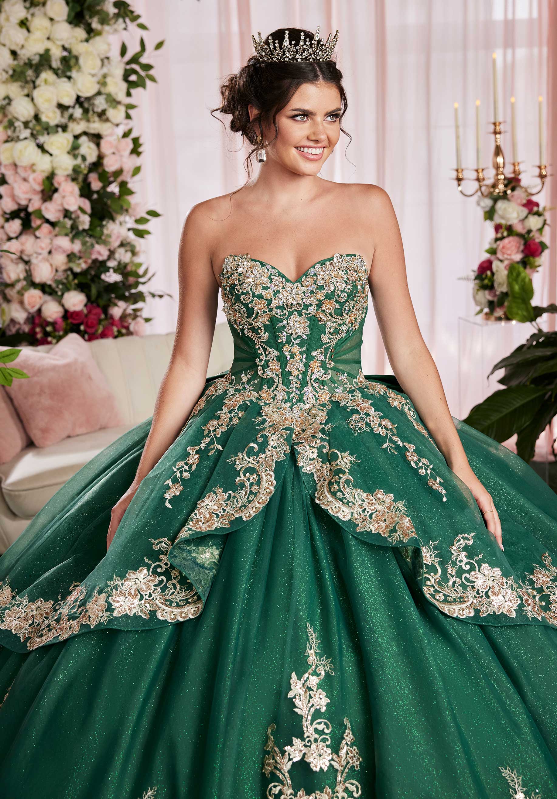 Embroidered Appliqué Sweetheart Quinceañera Dress with Sheer Sides and Fringe Sleeves - Image 3