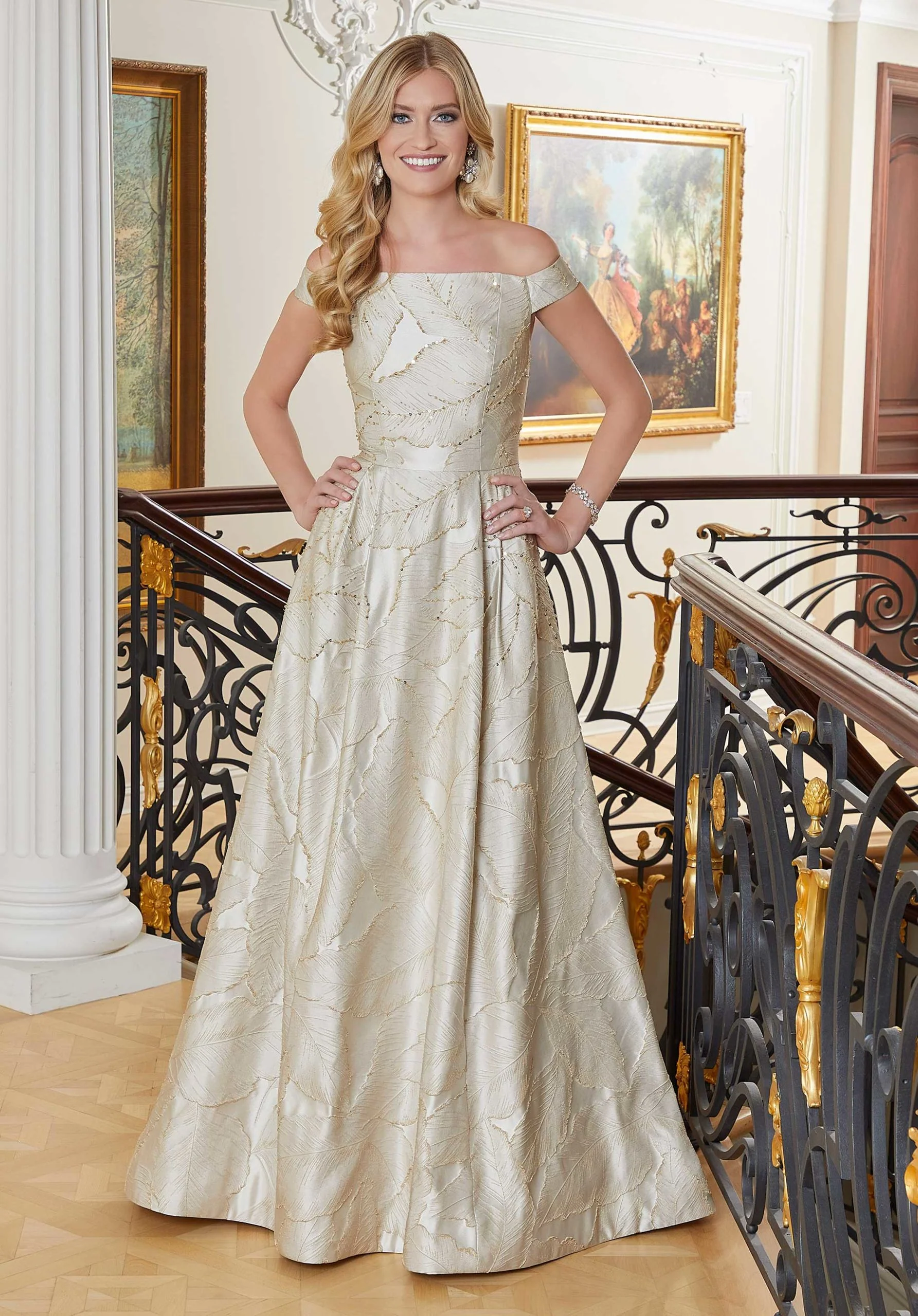 Feather Patterned Brocade Evening Gown - Image 3