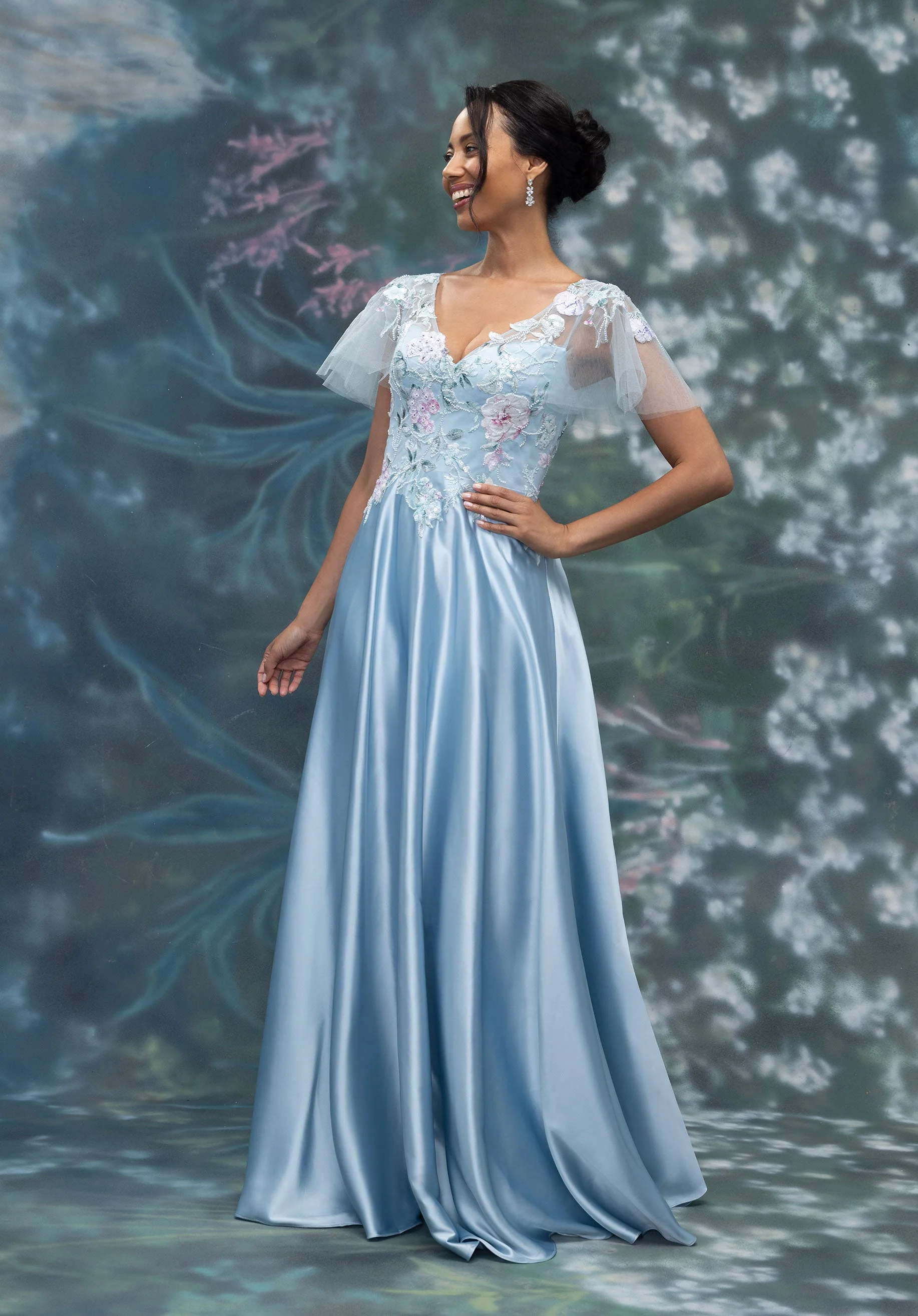 Floral Embroidered Satin A-Line Evening Gown with Flutter Sleeves - Image 3