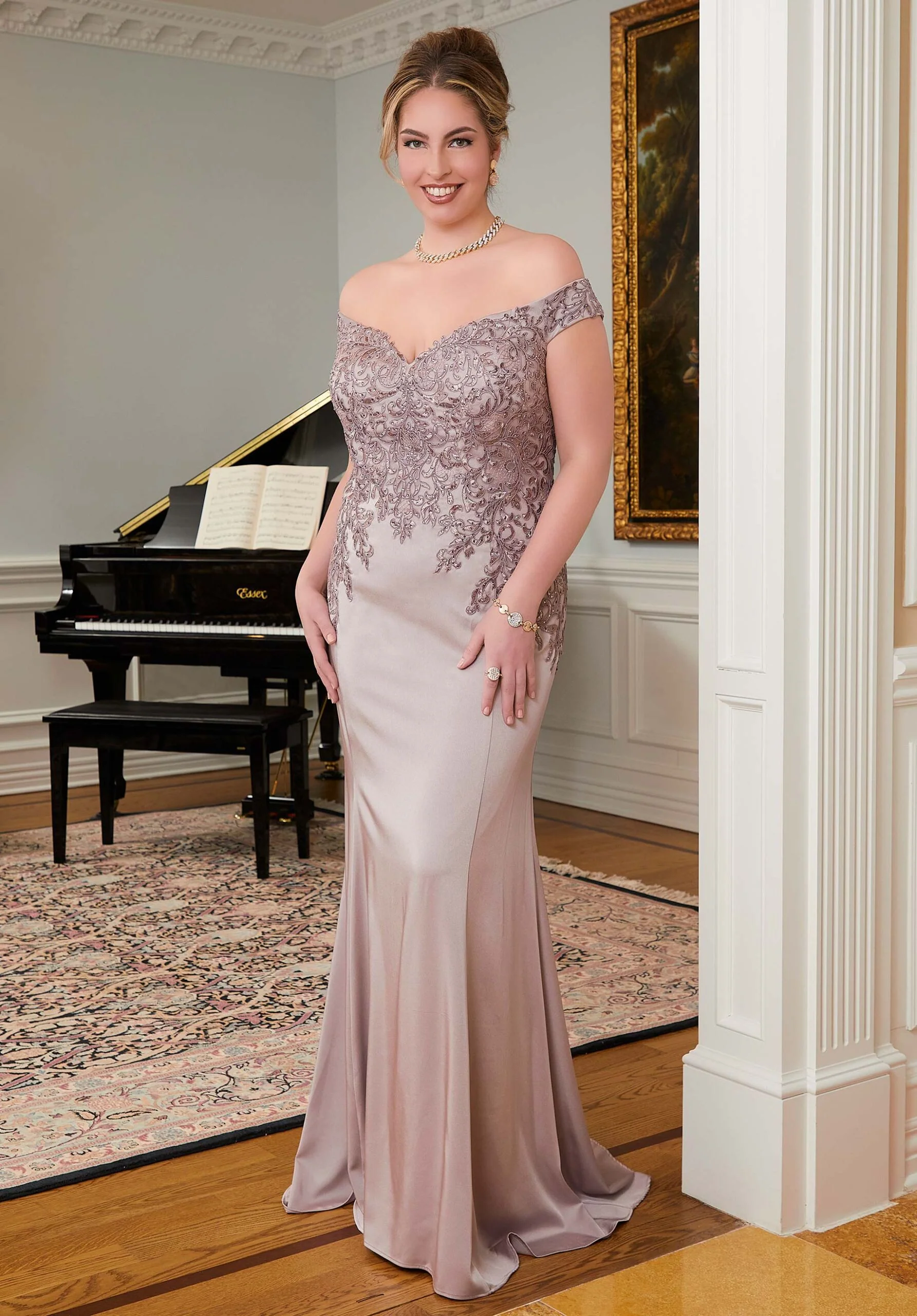 Form Fitting Special Occasion Gown with Beaded Embroidery on Crepe - Image 3