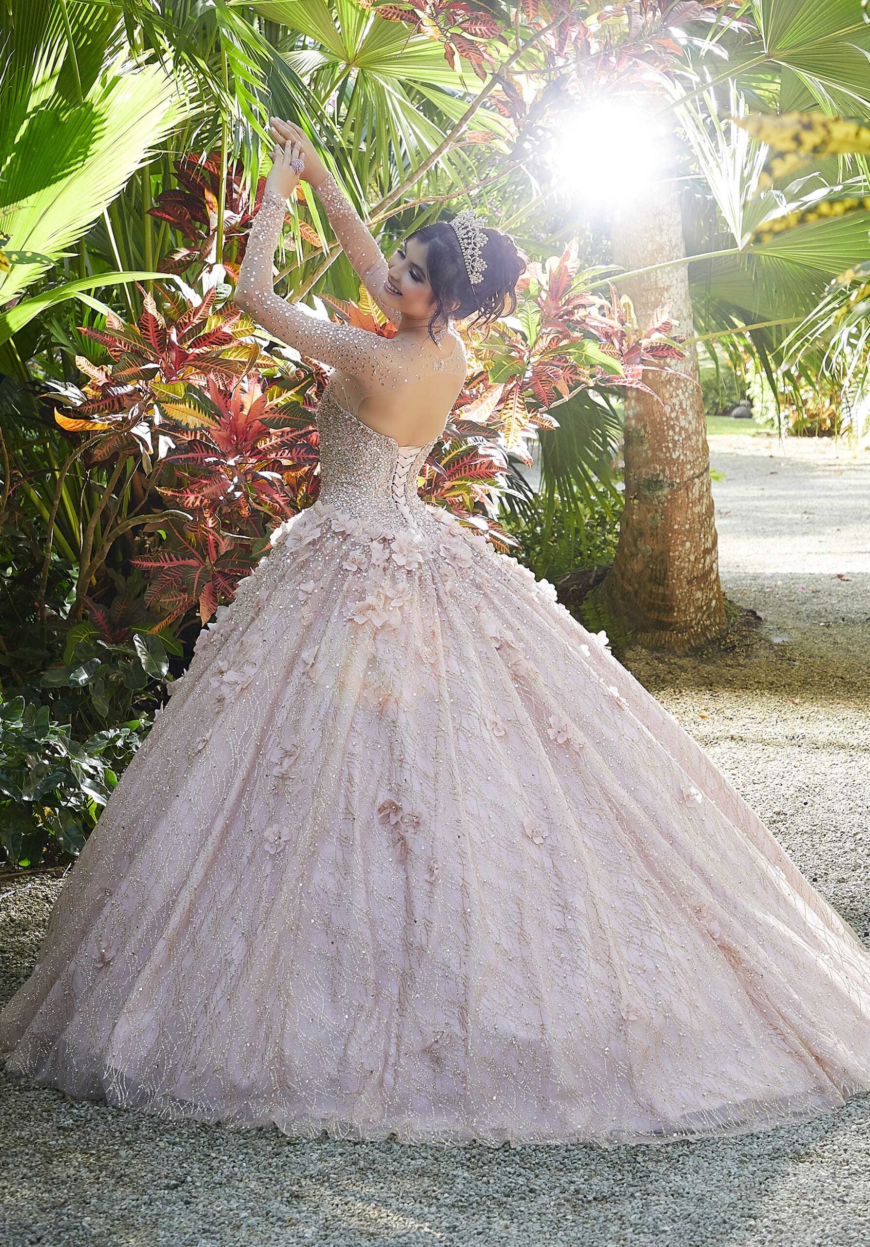 Glitter Net and Floral Applique Quinceañera Dress - Image 5