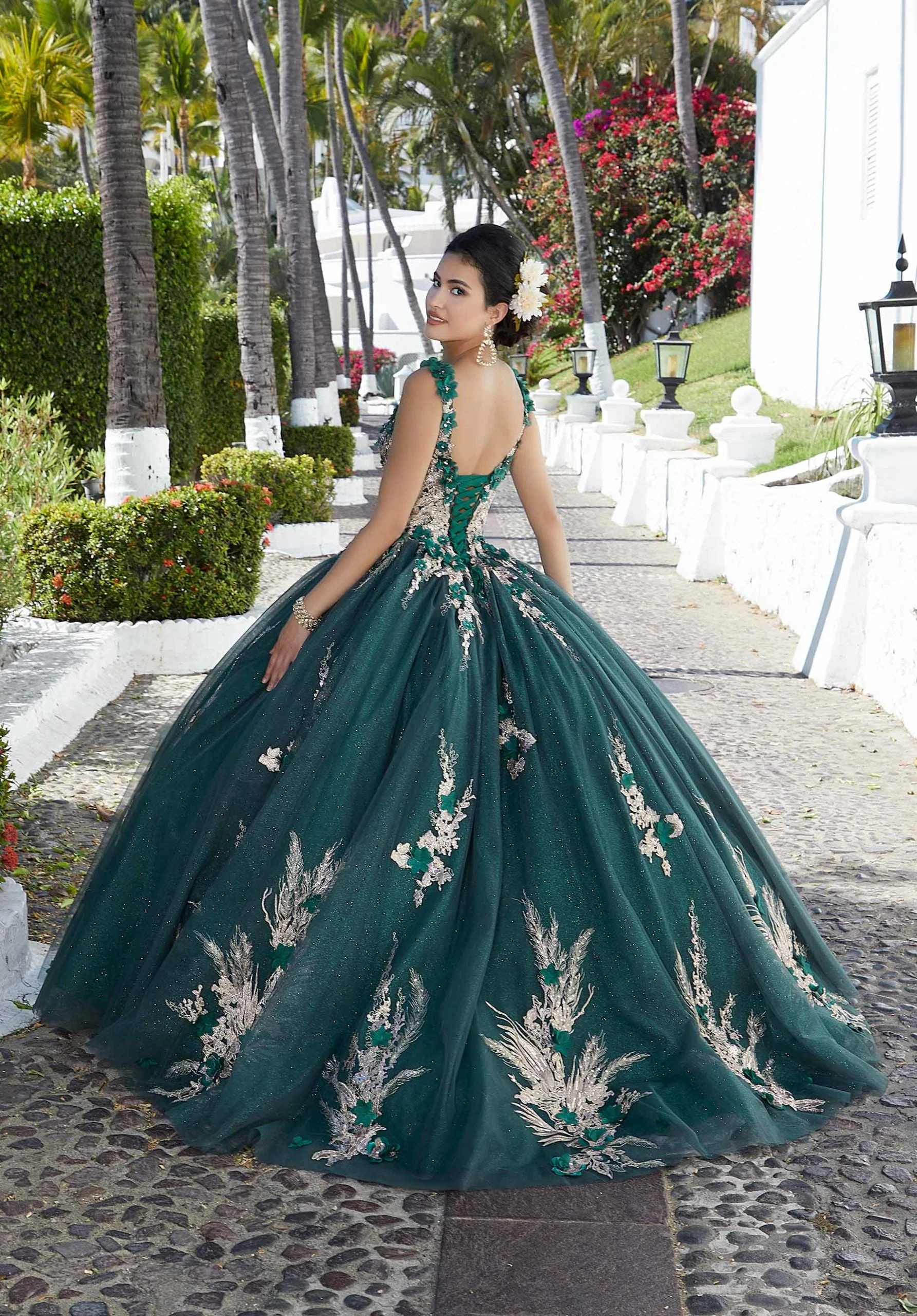 Glitter Tulle Quinceañera Dress with Three-Dimensional Floral Appliqués - Image 3