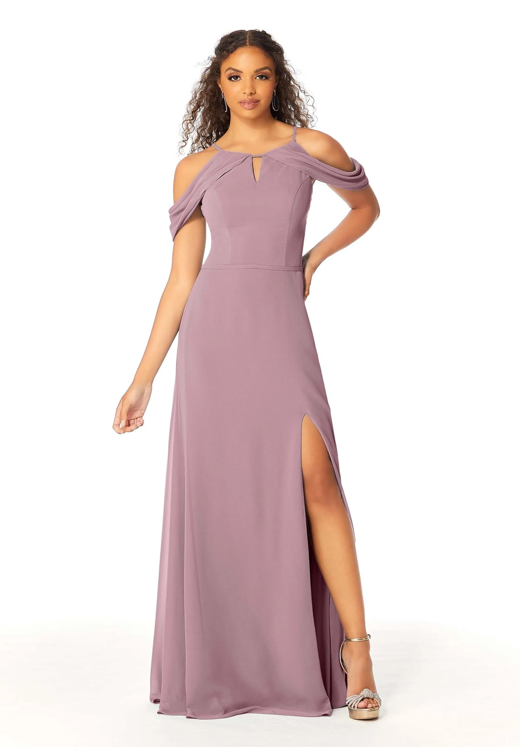High Neck Chiffon Bridesmaid Dress with Draped Sleeves - Image 29