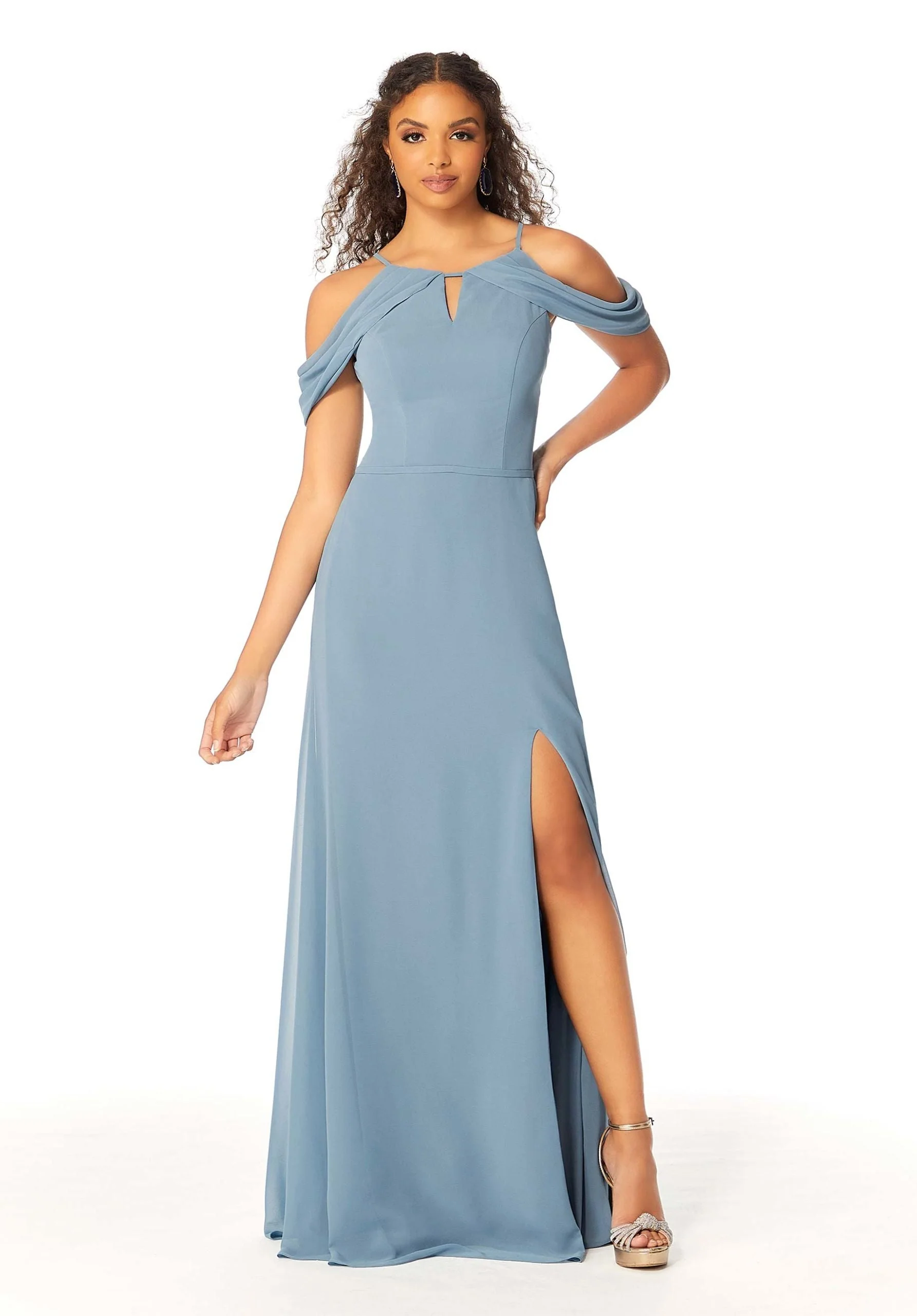 High Neck Chiffon Bridesmaid Dress with Draped Sleeves - Image 47