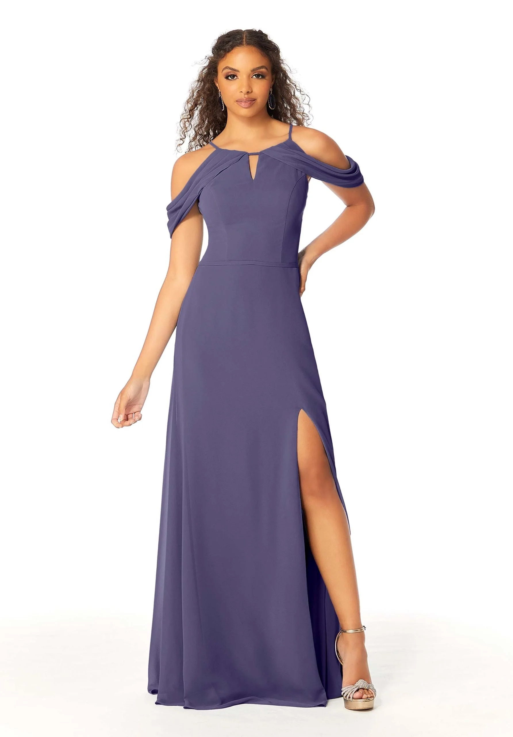 High Neck Chiffon Bridesmaid Dress with Draped Sleeves - Image 50