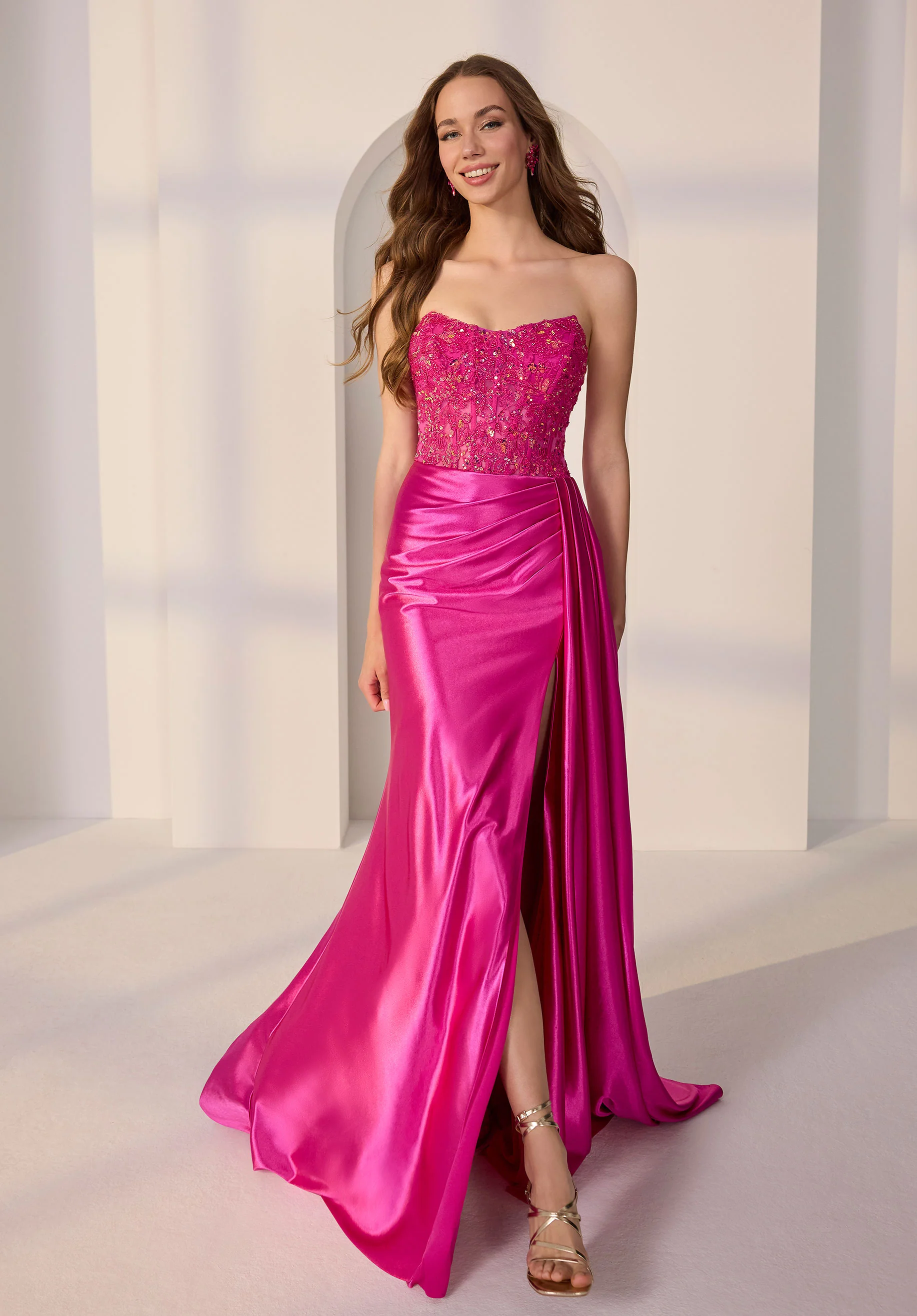 Lace and Sequin Beaded Bodice on Foiled Jersey Fit and Flare Party Dress - Image 3