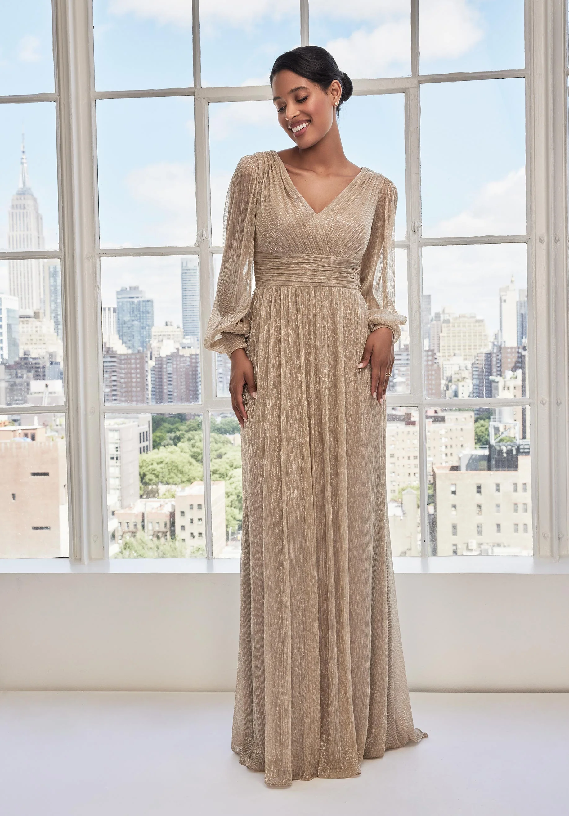 Long Sleeve Draped Metallic Knit Evening Gown