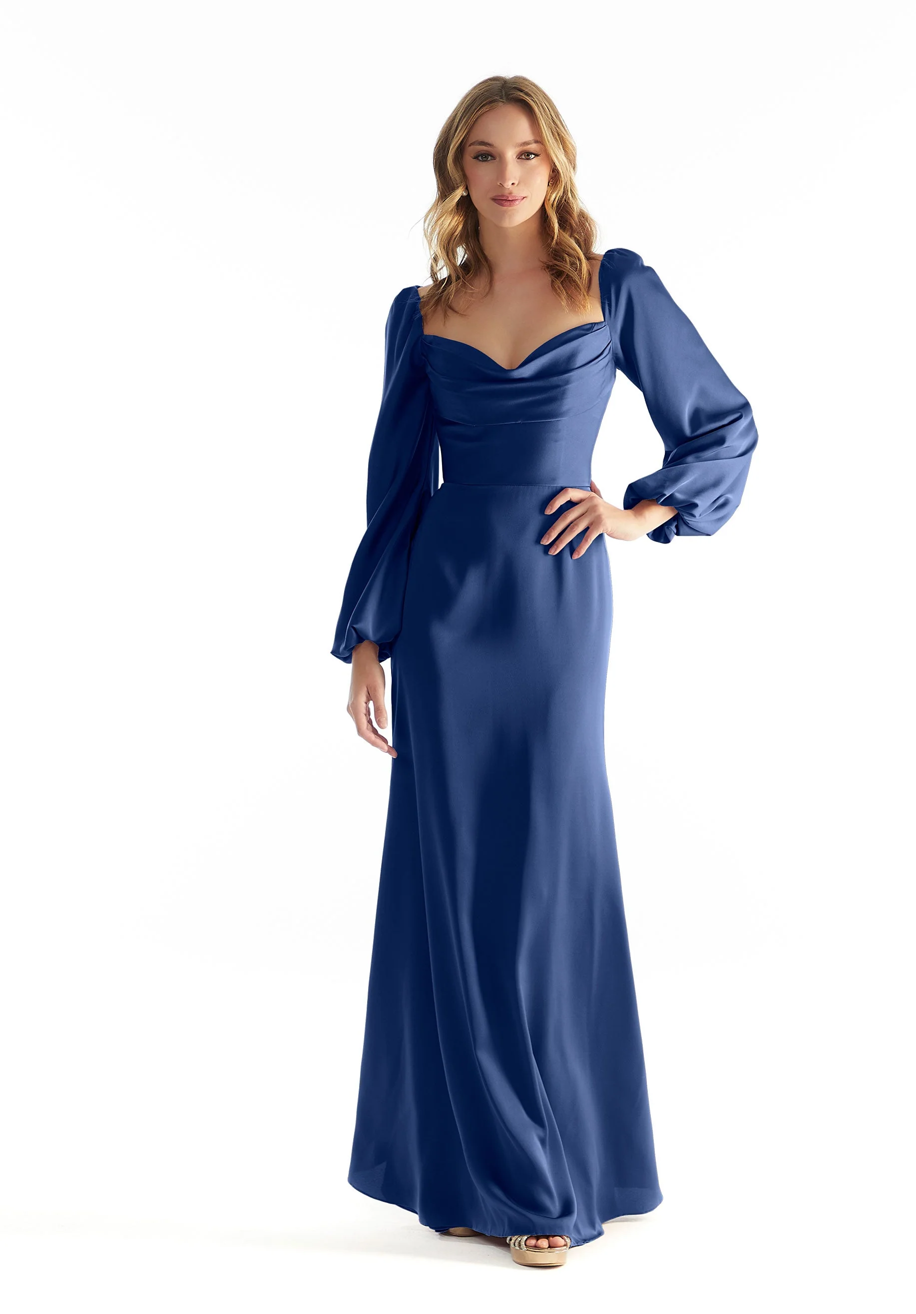 Long Sleeve Luxe Satin Bridesmaid Dress with Cowl Neck - Image 15