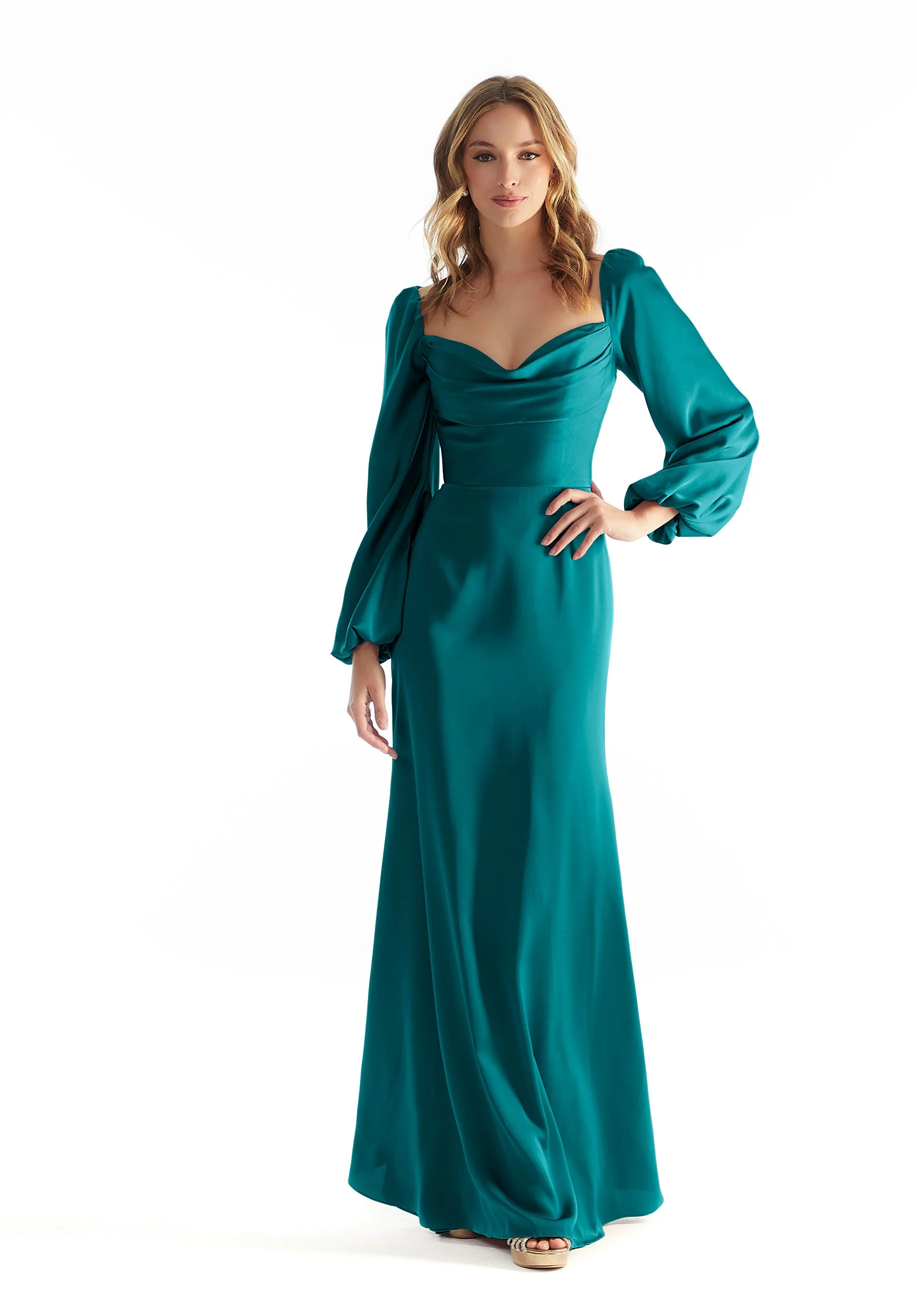 Long Sleeve Luxe Satin Bridesmaid Dress with Cowl Neck - Image 17