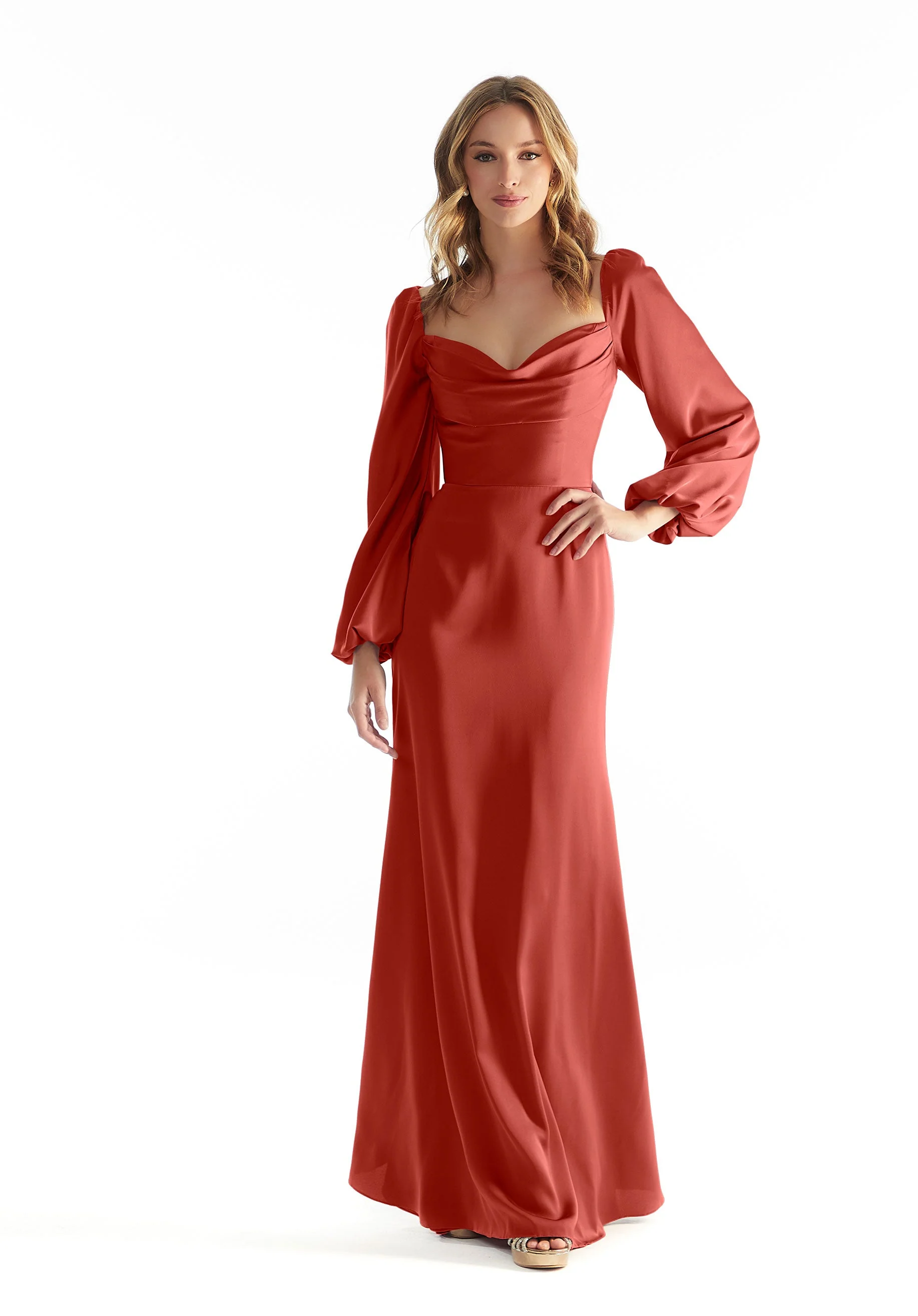 Long Sleeve Luxe Satin Bridesmaid Dress with Cowl Neck - Image 18