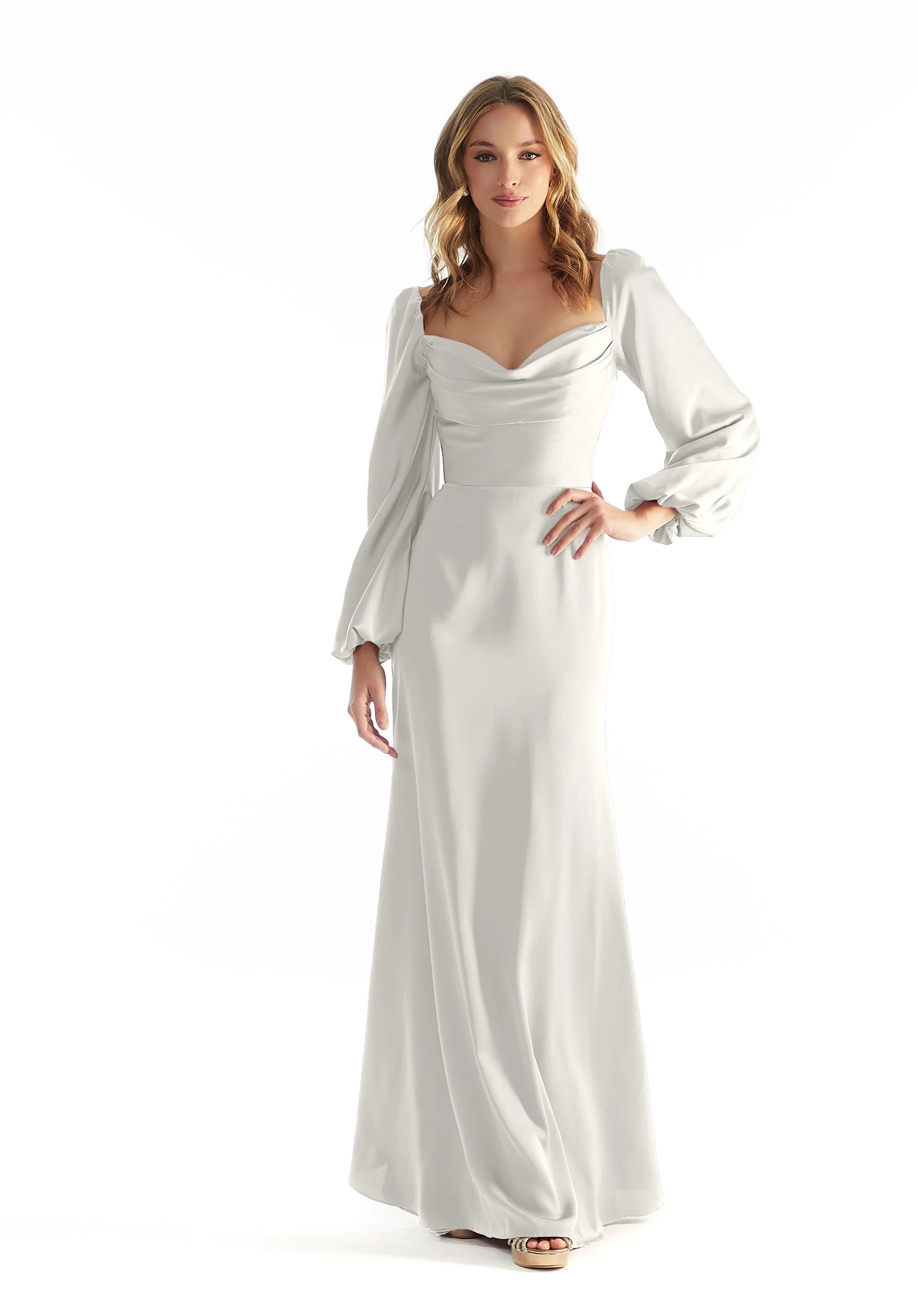Long Sleeve Luxe Satin Bridesmaid Dress with Cowl Neck - Image 4