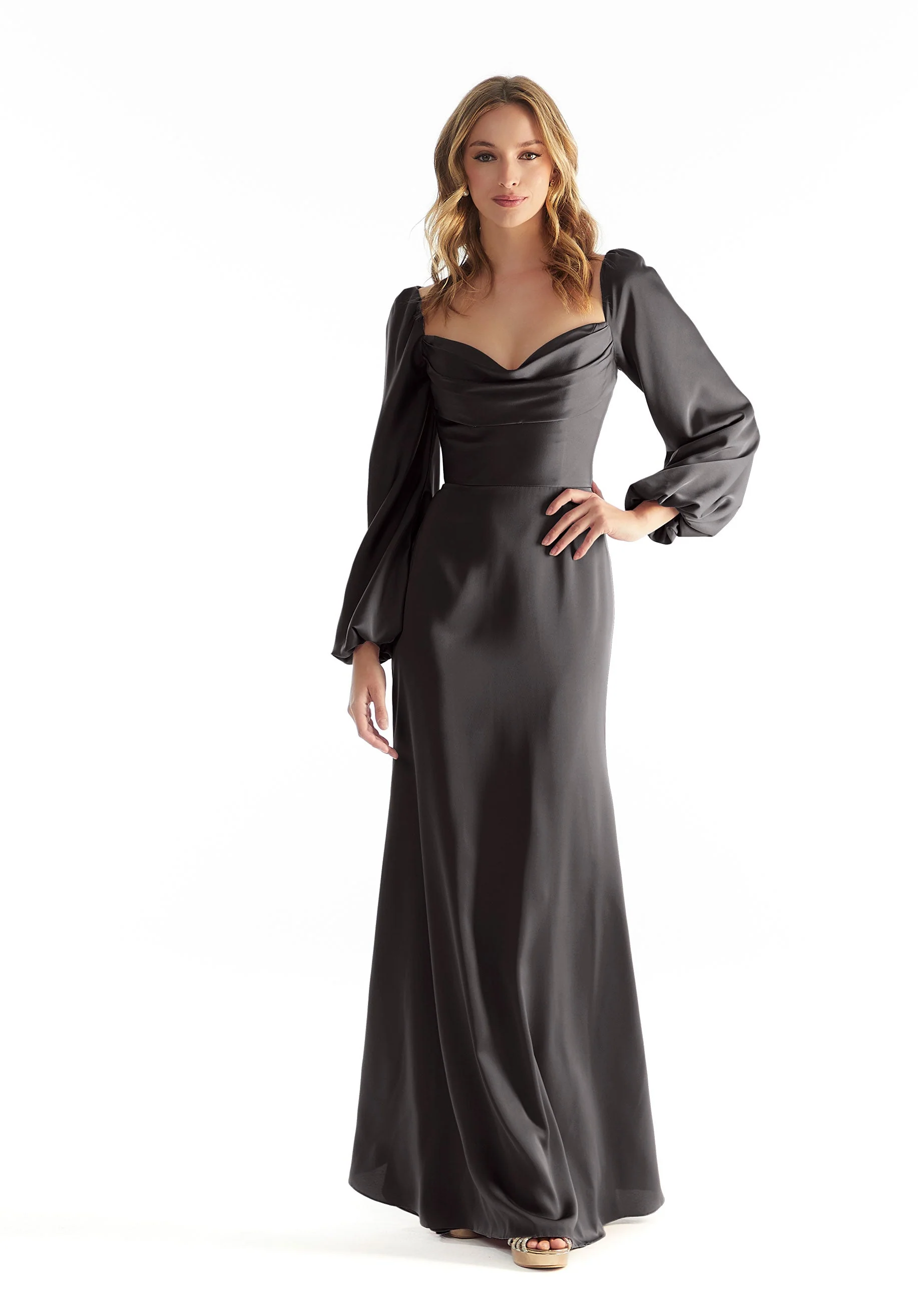 Long Sleeve Luxe Satin Bridesmaid Dress with Cowl Neck - Image 6
