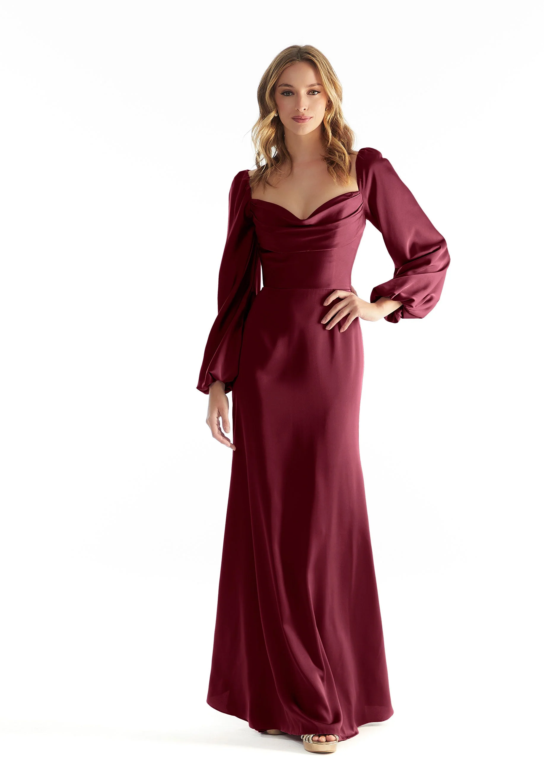 Long Sleeve Luxe Satin Bridesmaid Dress with Cowl Neck - Image 7