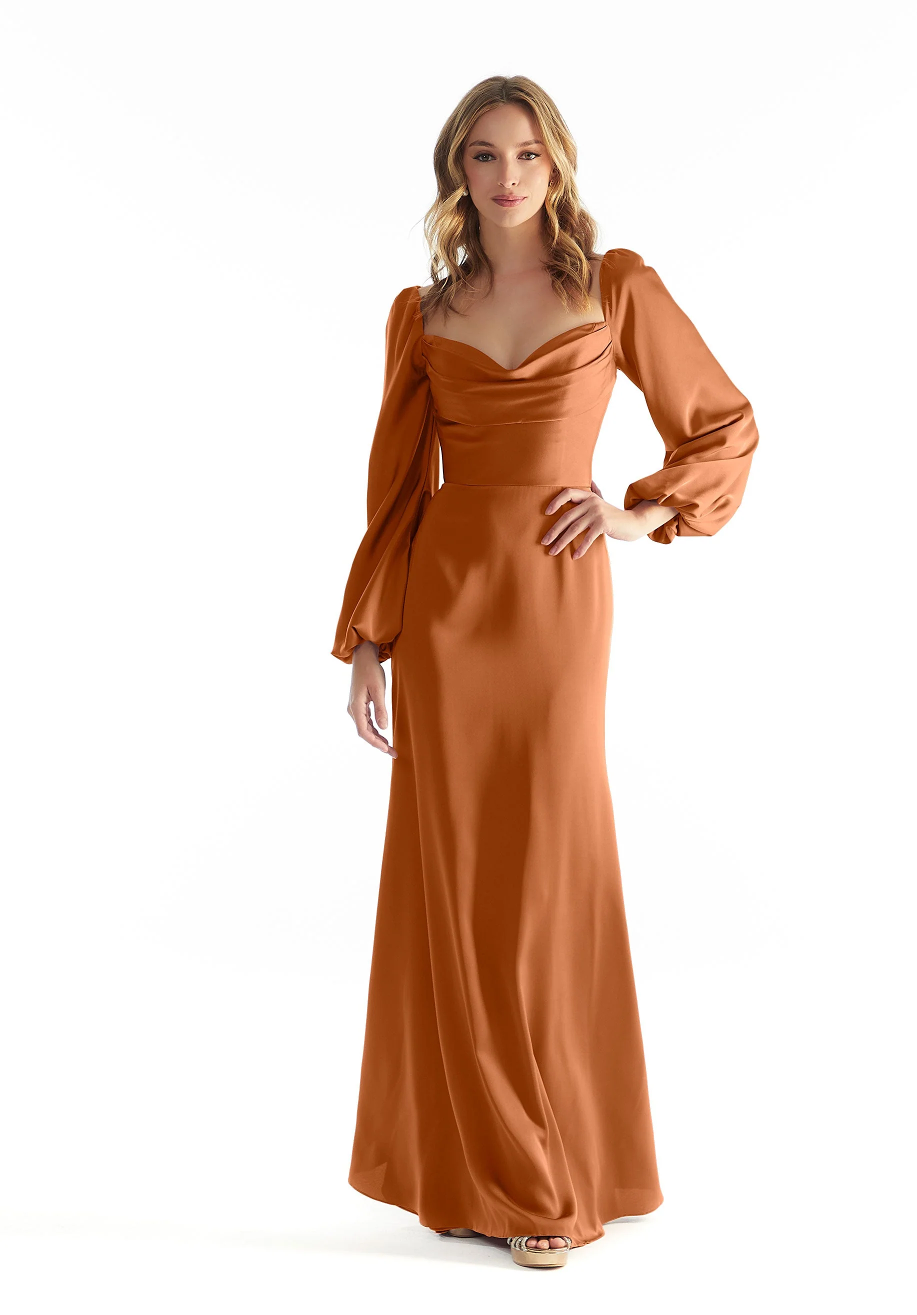 Long Sleeve Luxe Satin Bridesmaid Dress with Cowl Neck - Image 8