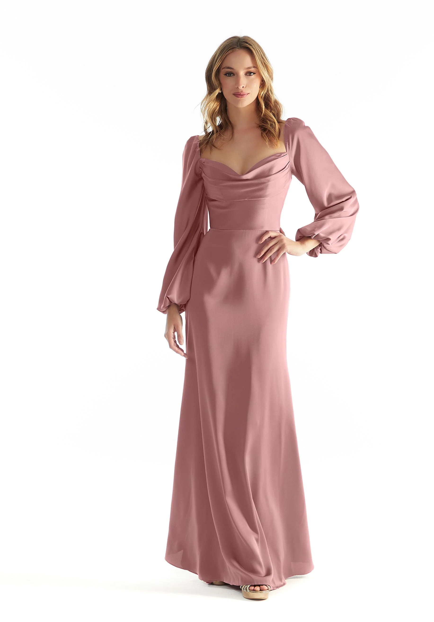 Long Sleeve Luxe Satin Bridesmaid Dress with Cowl Neck - Image 9
