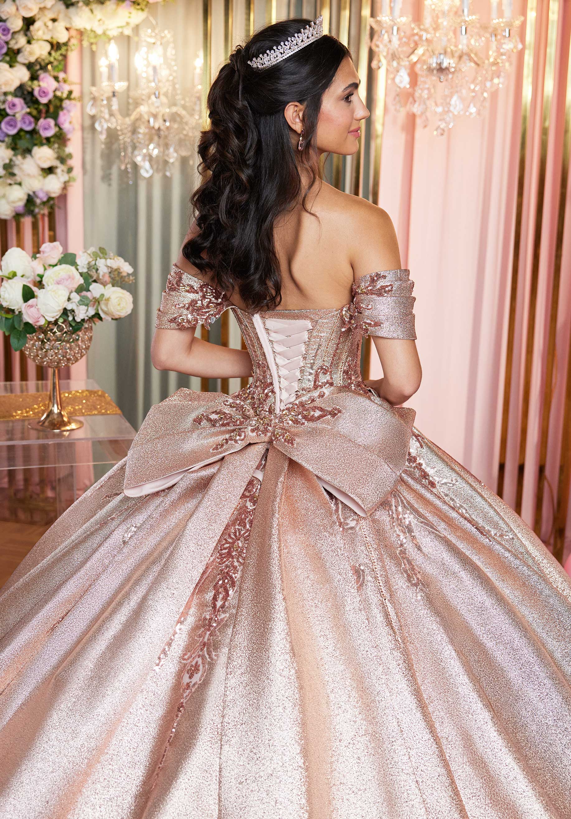 Metallic Brocade Crumb Catcher Corset Quinceañera Dress - Image 6