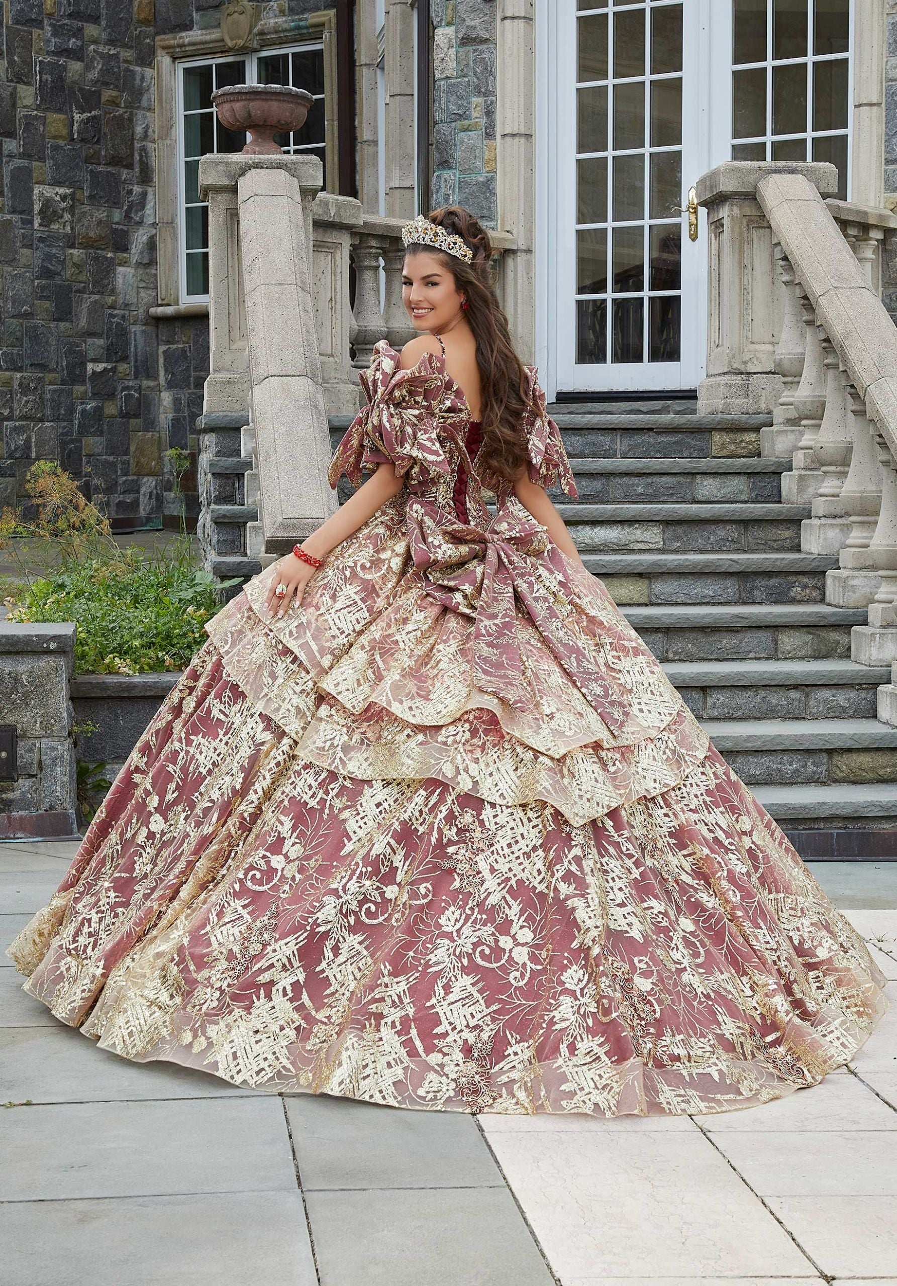 Metallic Lace and Patterned Glitter Quinceañera Dress - Image 5