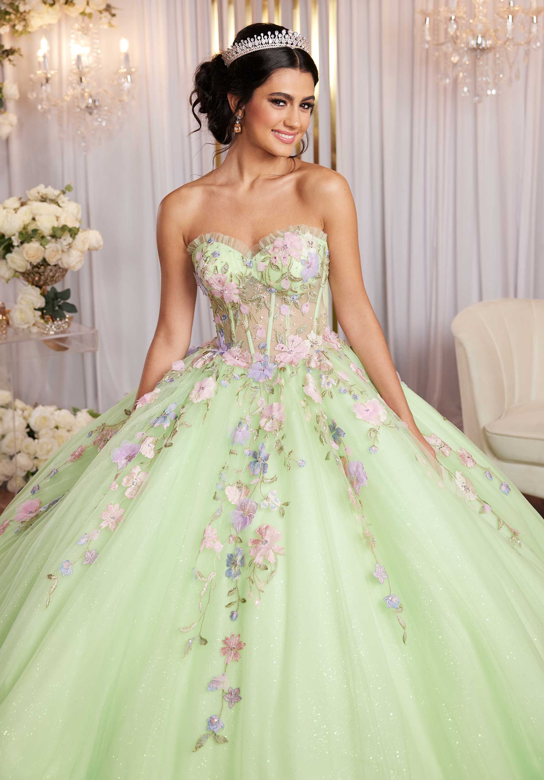 Multicolor Floral Sweetheart Quinceañera Dress with Ruffled Details - Image 8