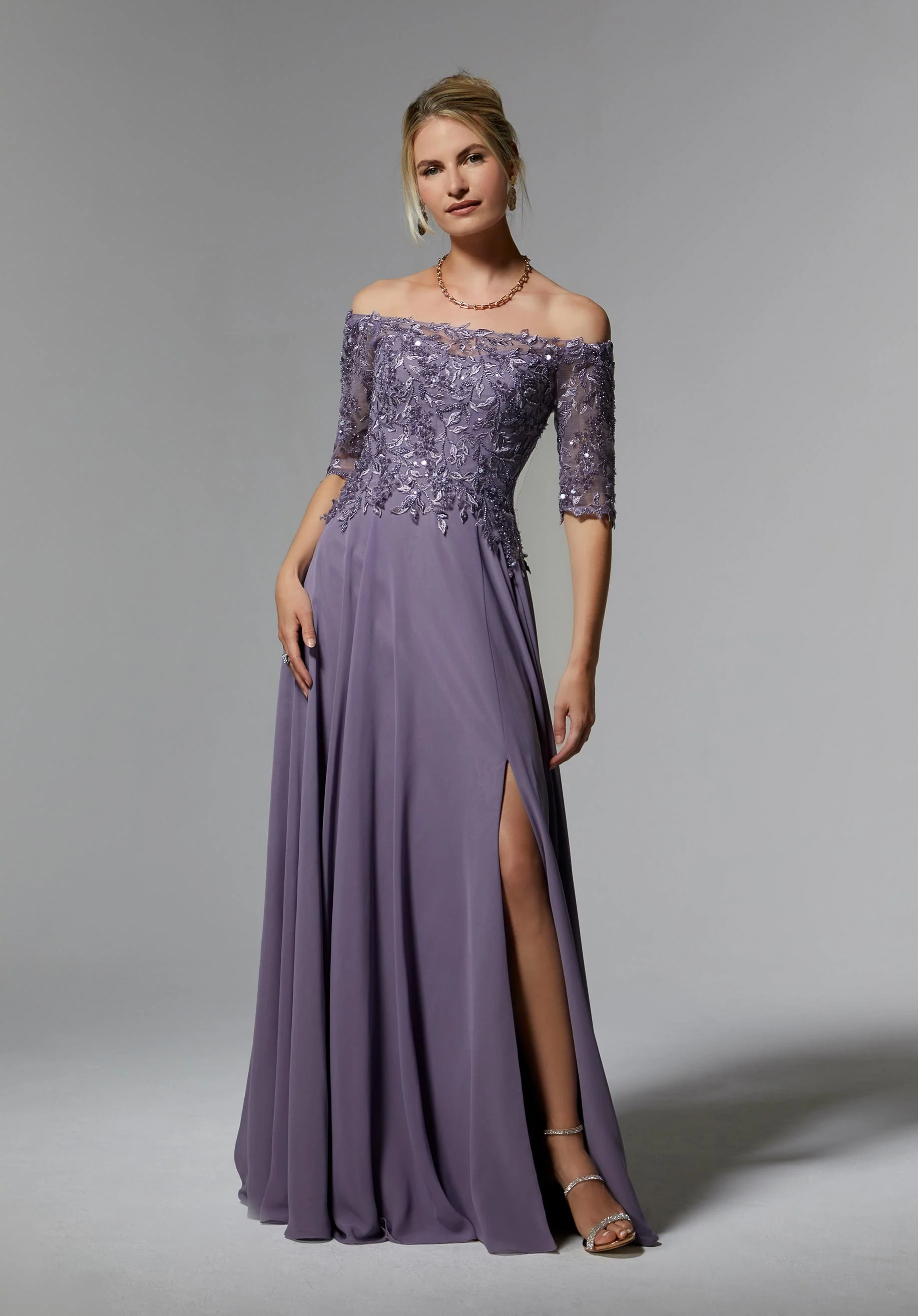 Off The Shoulder Beaded Embroidered Chiffon Evening Gown - Image 3