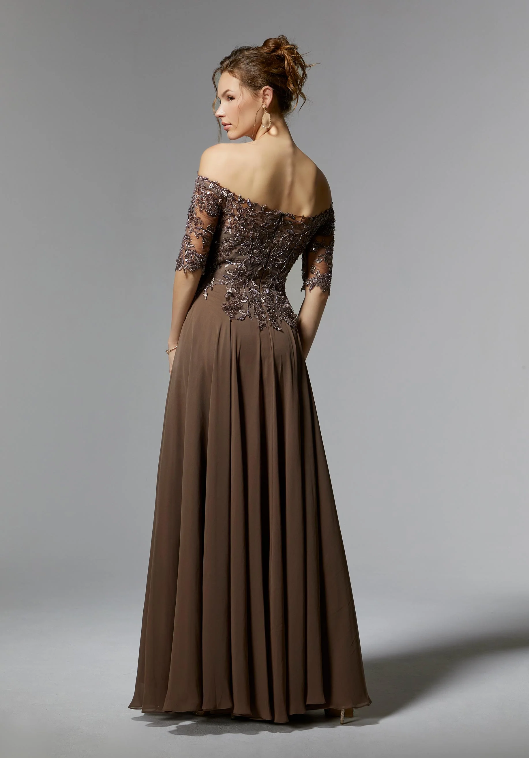 Off The Shoulder Beaded Embroidered Chiffon Evening Gown - Image 5