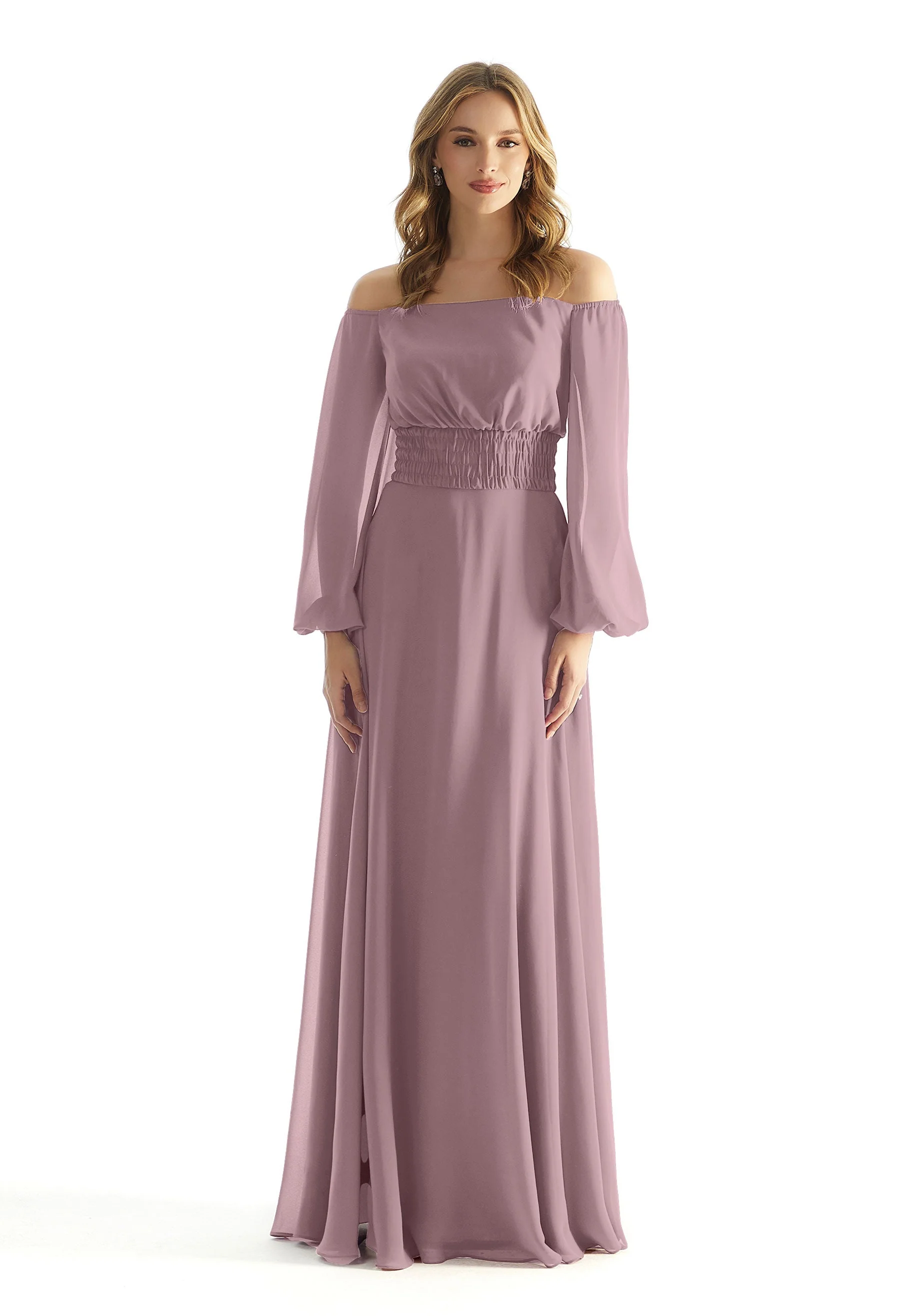 Off The Shoulder Chiffon Bridesmaid Dress with Ruched Waist - Image 15