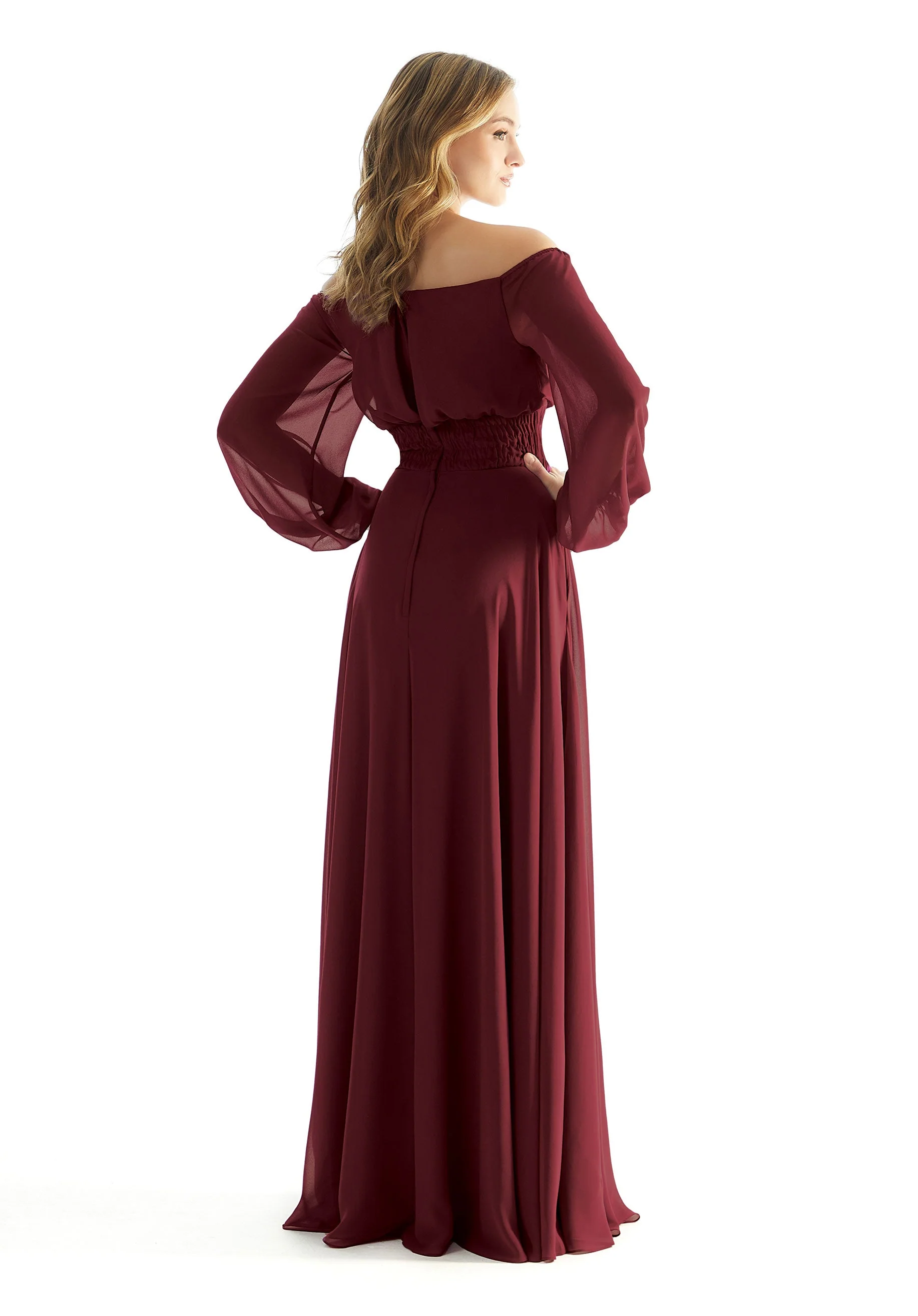 Off The Shoulder Chiffon Bridesmaid Dress with Ruched Waist - Image 3