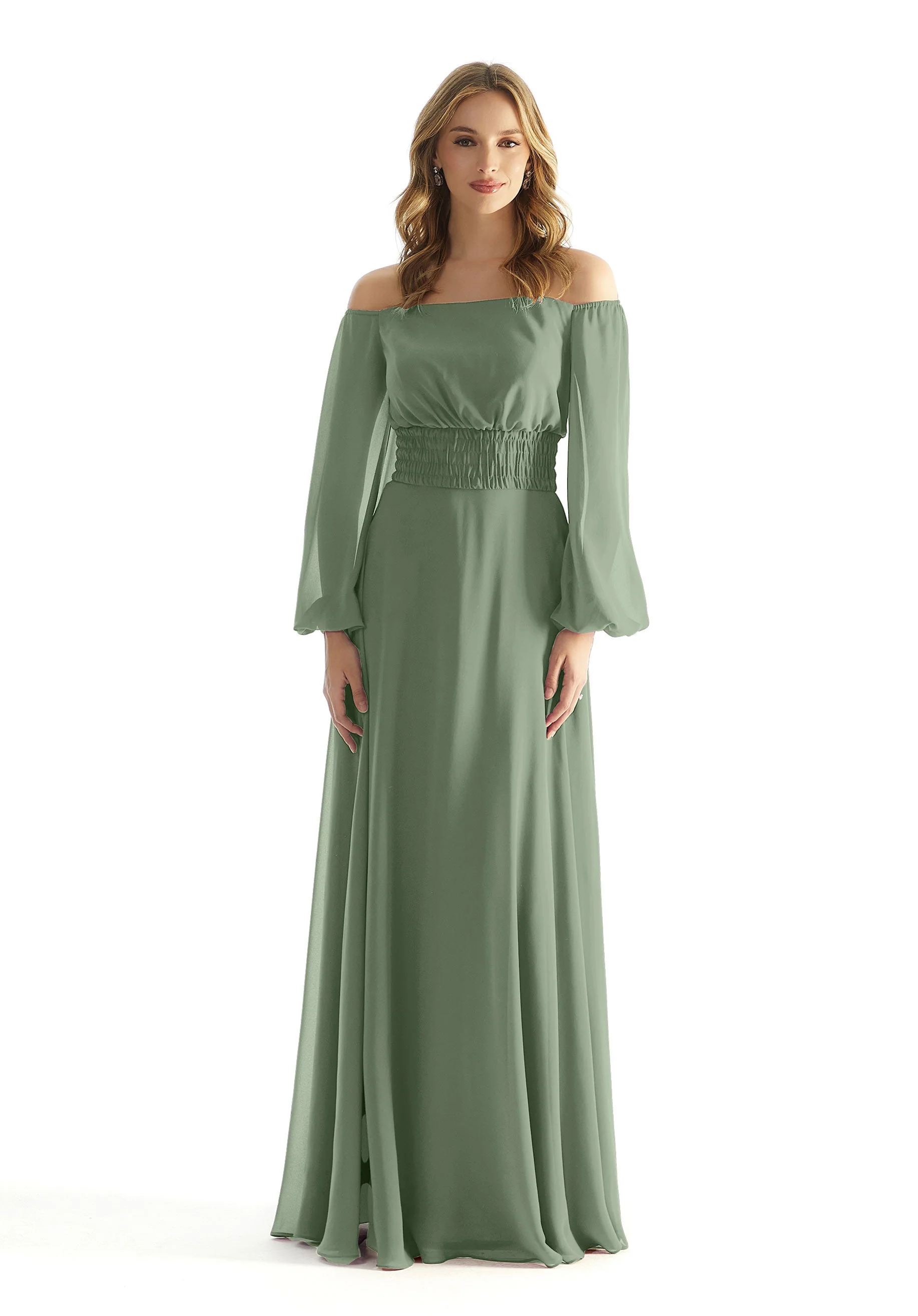 Off The Shoulder Chiffon Bridesmaid Dress with Ruched Waist - Image 35