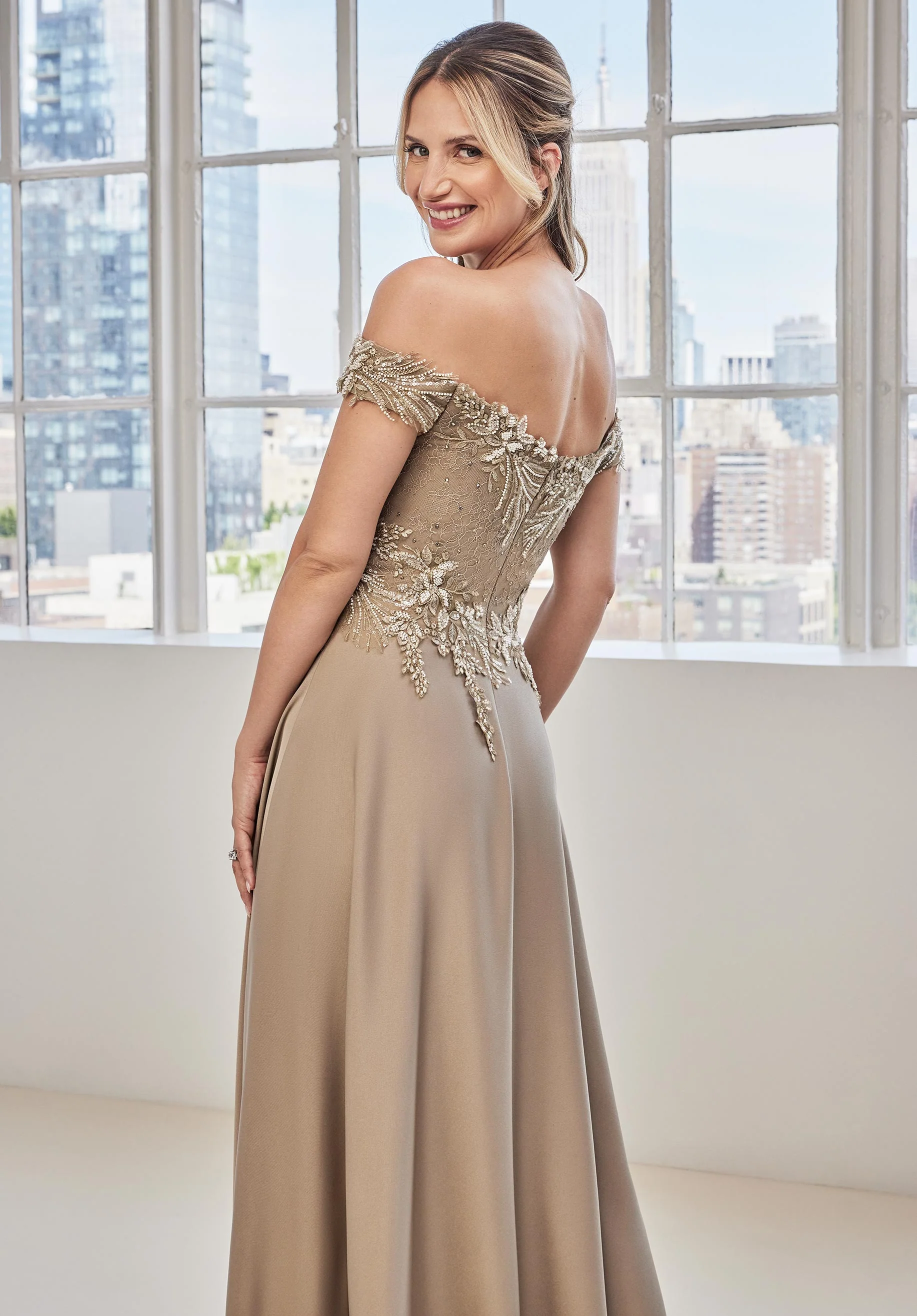 Off The Shoulder Embroidered Crepe Evening Gown - Image 4