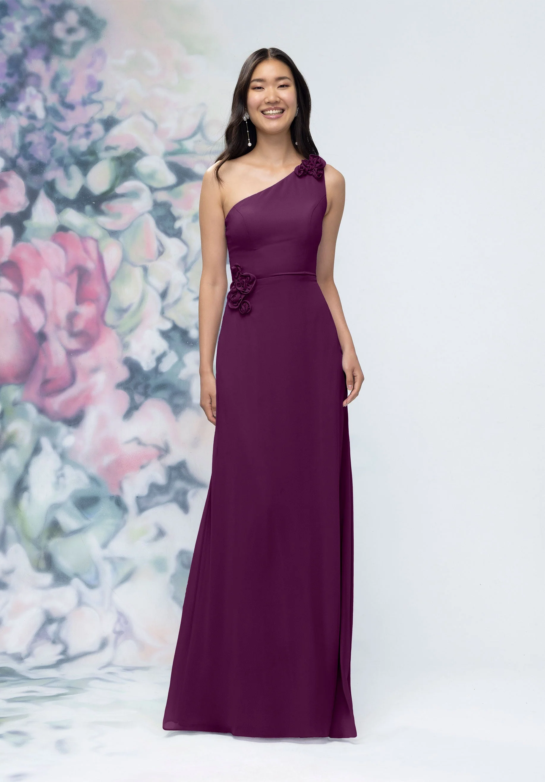 One Shoulder Chiffon Bridesmaid Dress with 3D Floral Details - Image 25