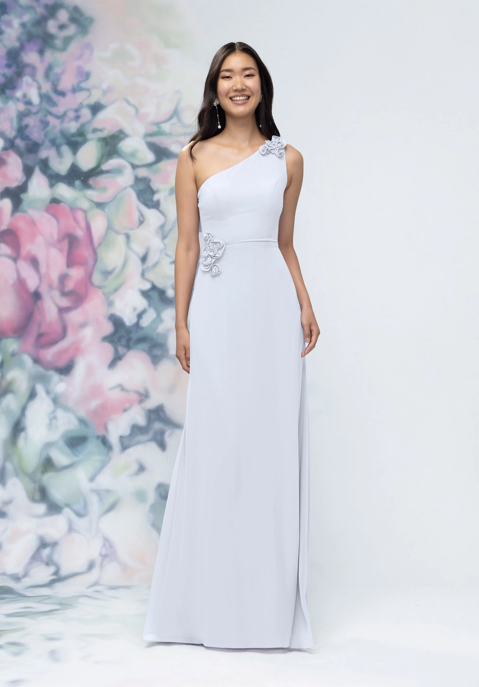 One Shoulder Chiffon Bridesmaid Dress with 3D Floral Details - Image 28