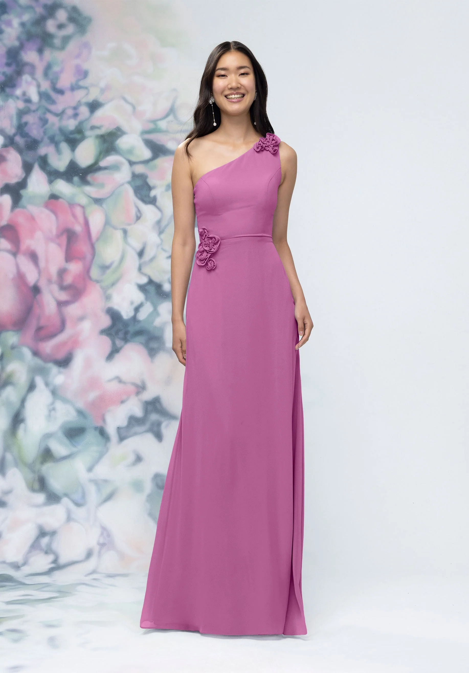 One Shoulder Chiffon Bridesmaid Dress with 3D Floral Details - Image 40