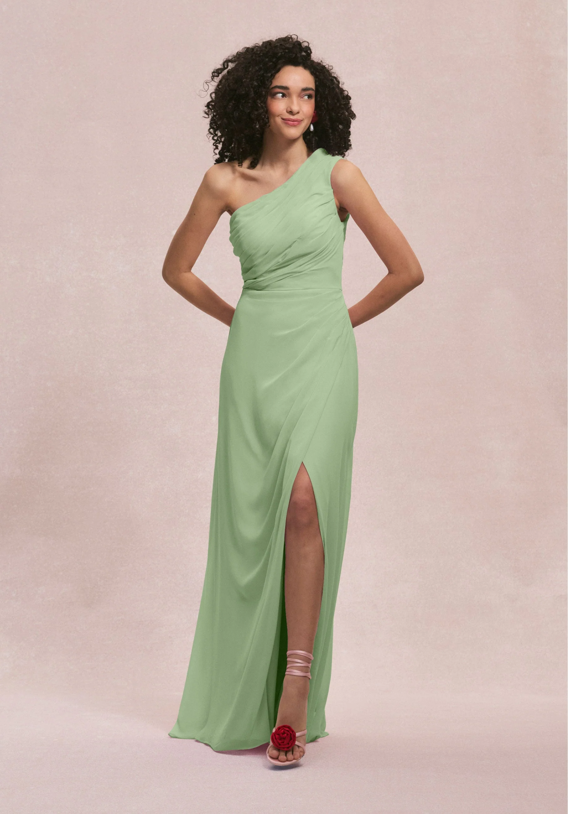 One Shoulder Chiffon Bridesmaid Dress with Skirt Slit - Image 45