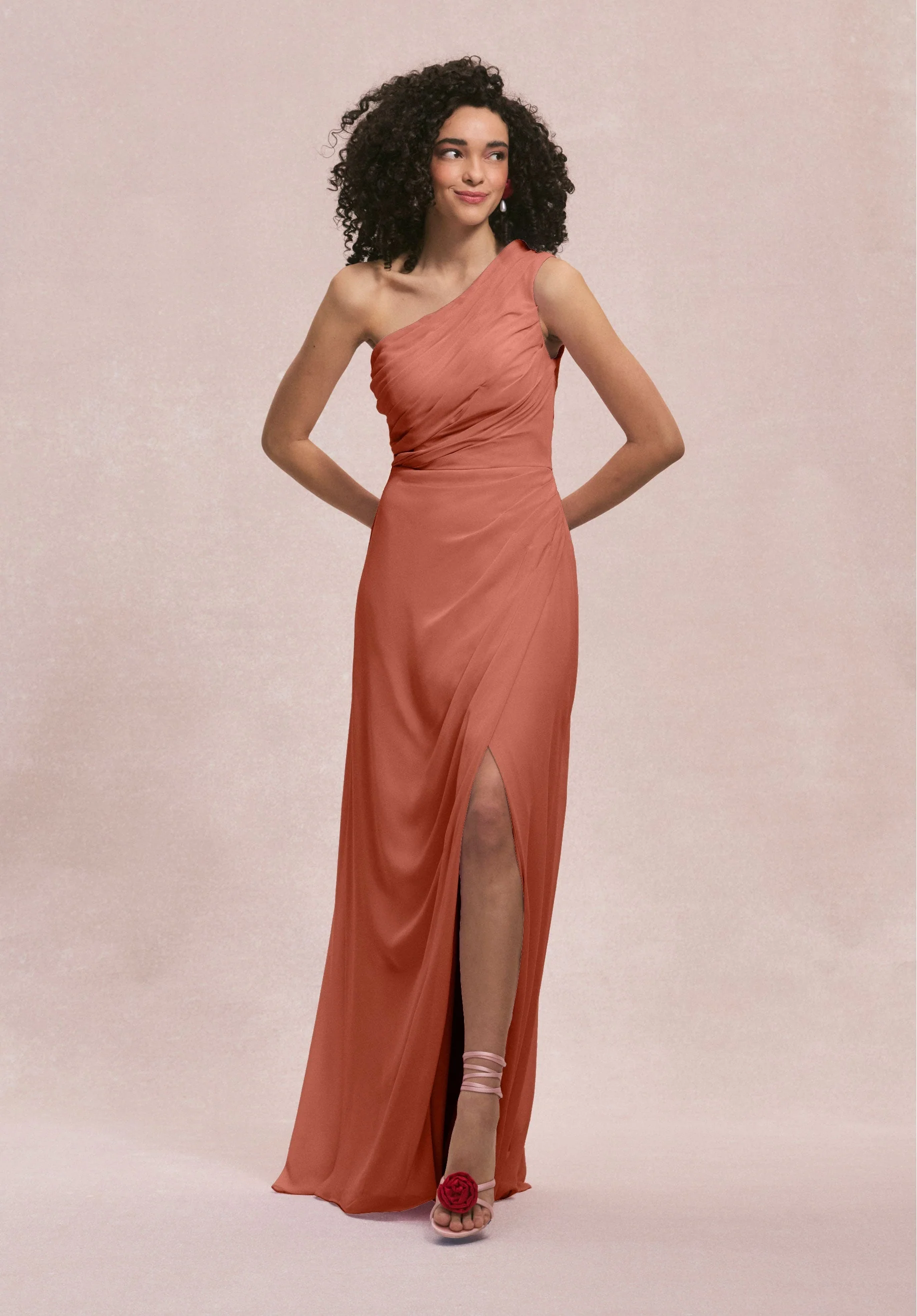 One Shoulder Chiffon Bridesmaid Dress with Skirt Slit - Image 52