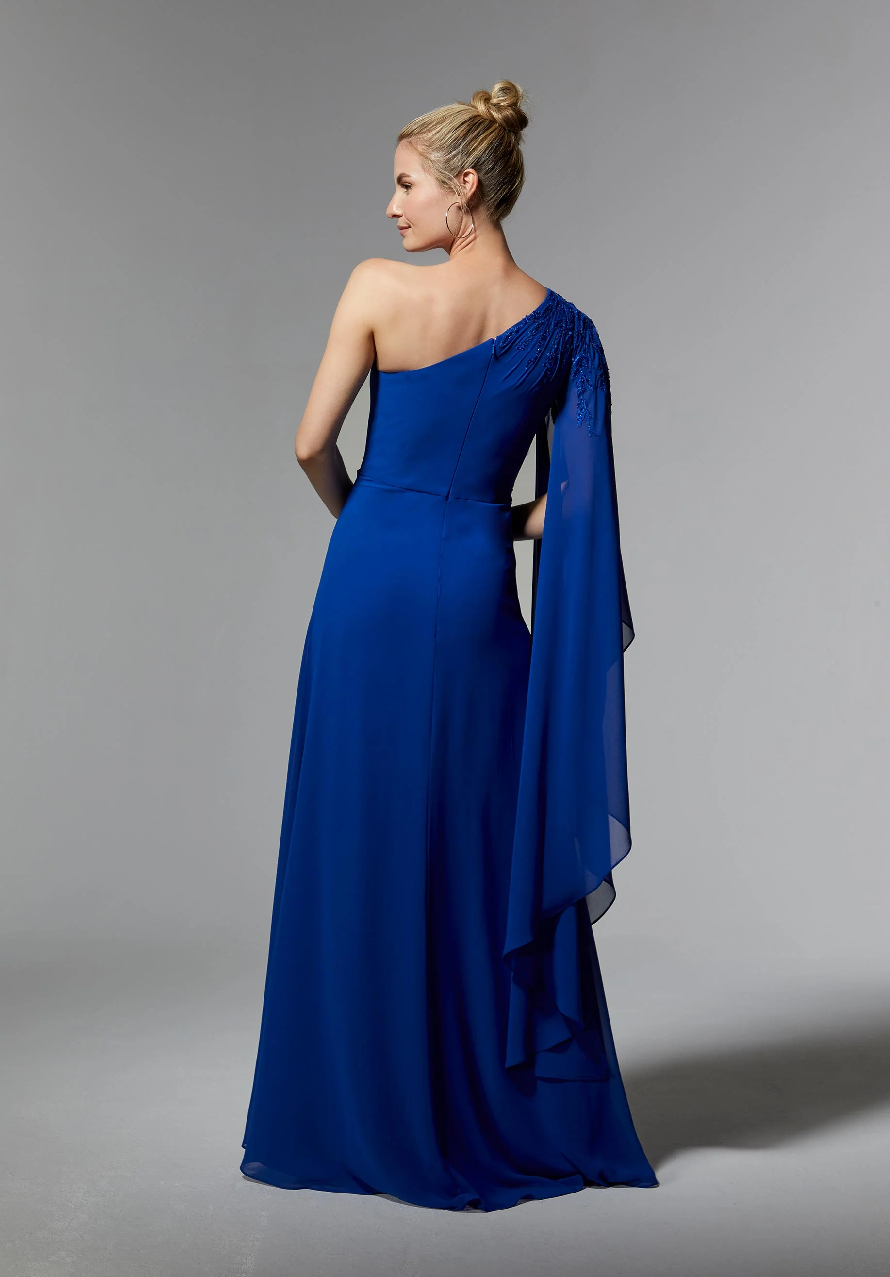 One Shoulder Chiffon Evening Gown with Beaded Embroidery - Image 3