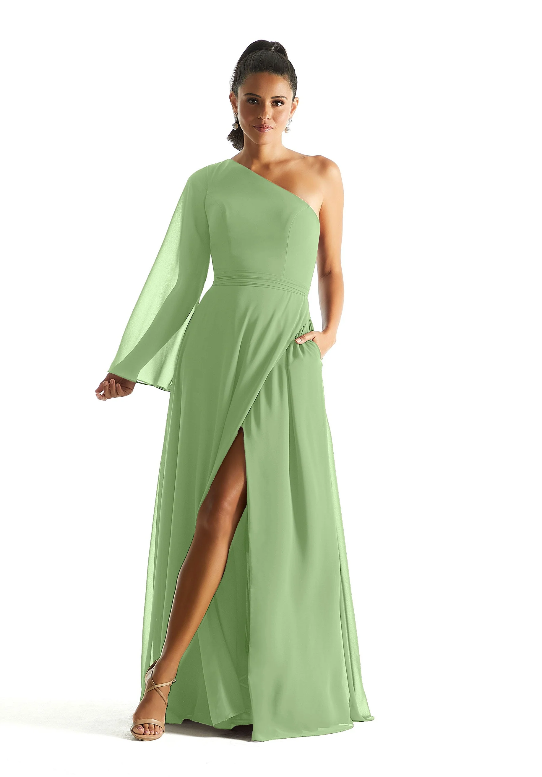 One Shoulder Long Sleeve Bridesmaid Dress - Image 46