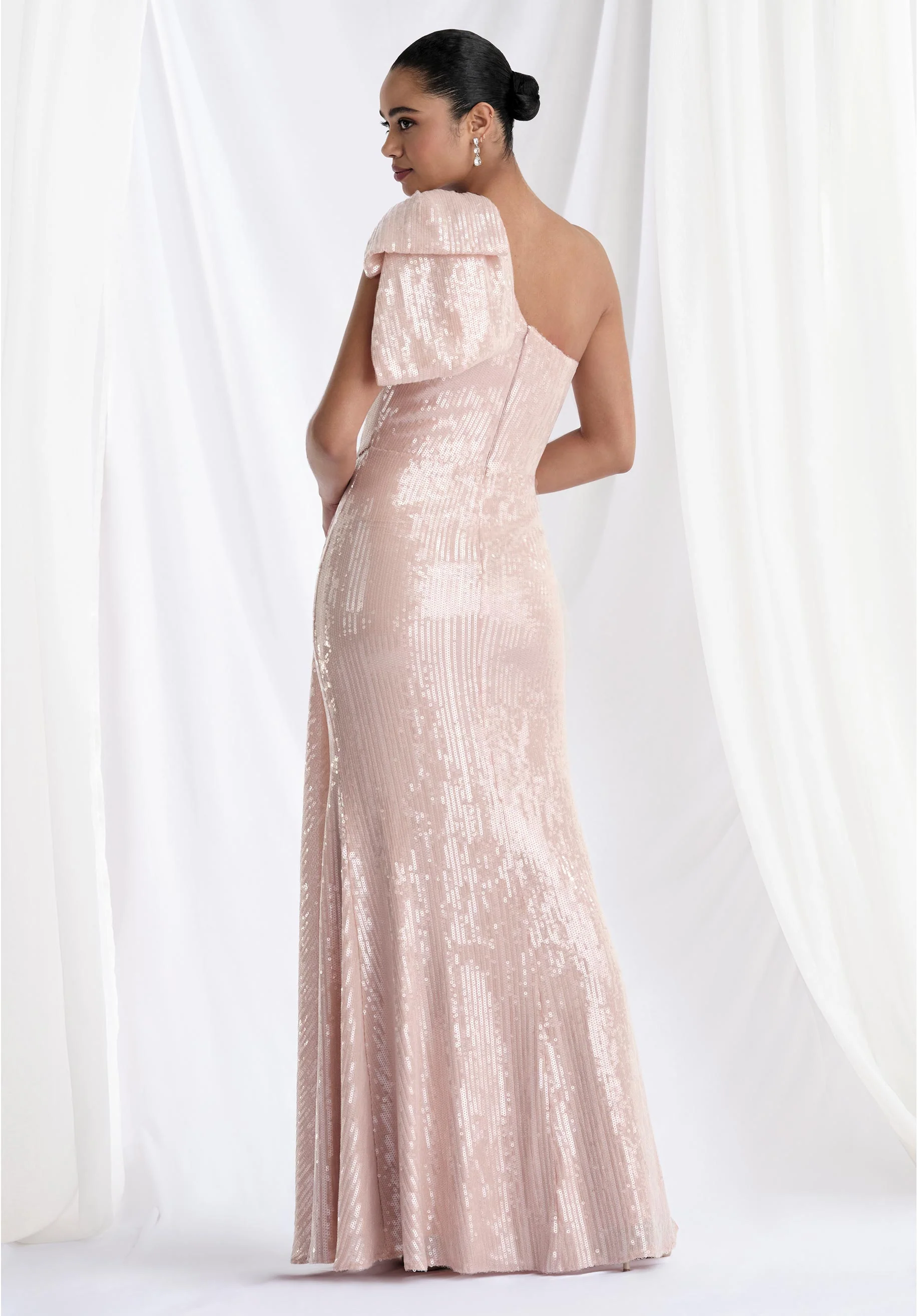 One Shoulder Bow Sequin A-Line Evening Gown - Image 7