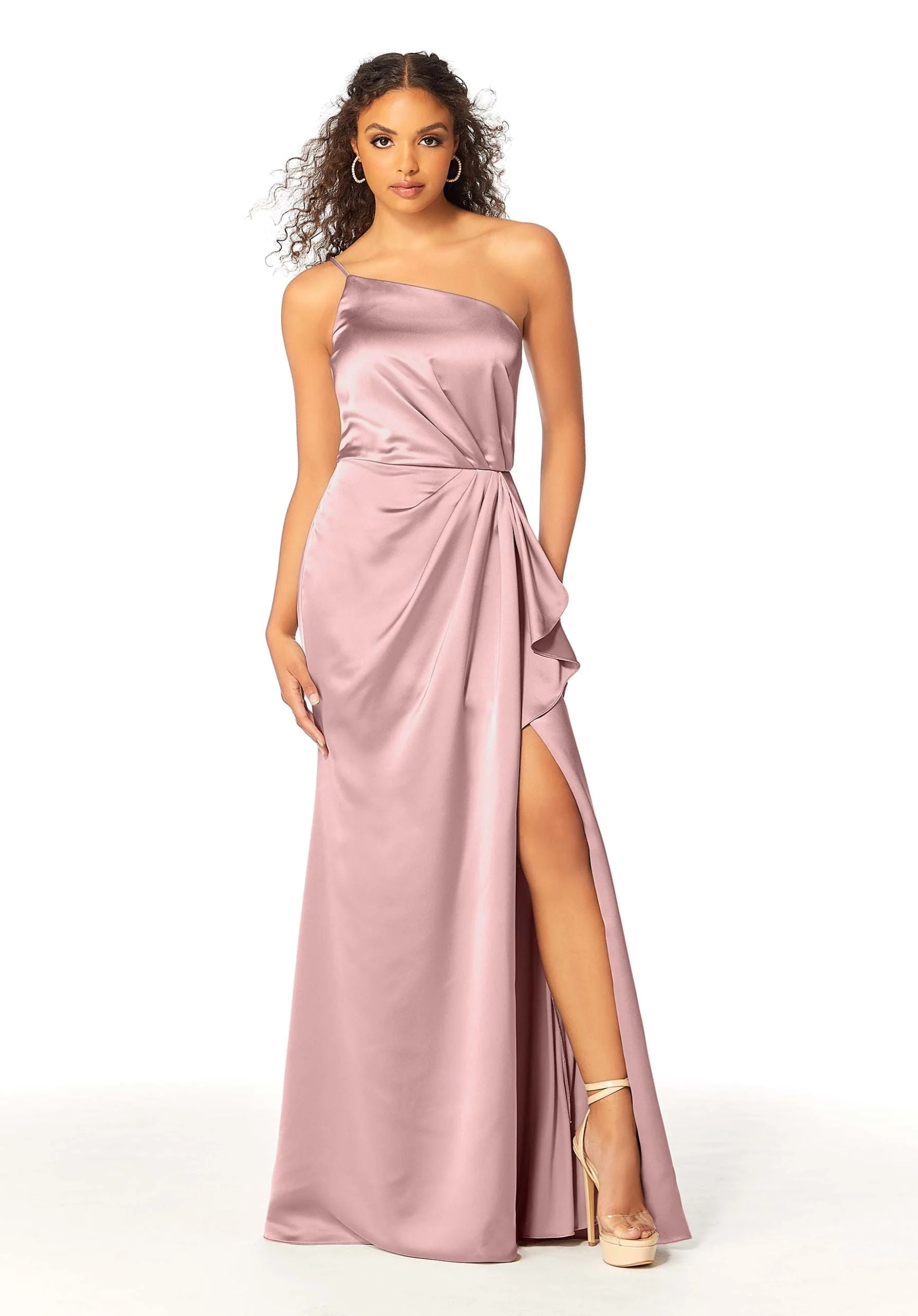One Shoulder Silky Satin Bridesmaid Dress with Skirt Slit - Image 7