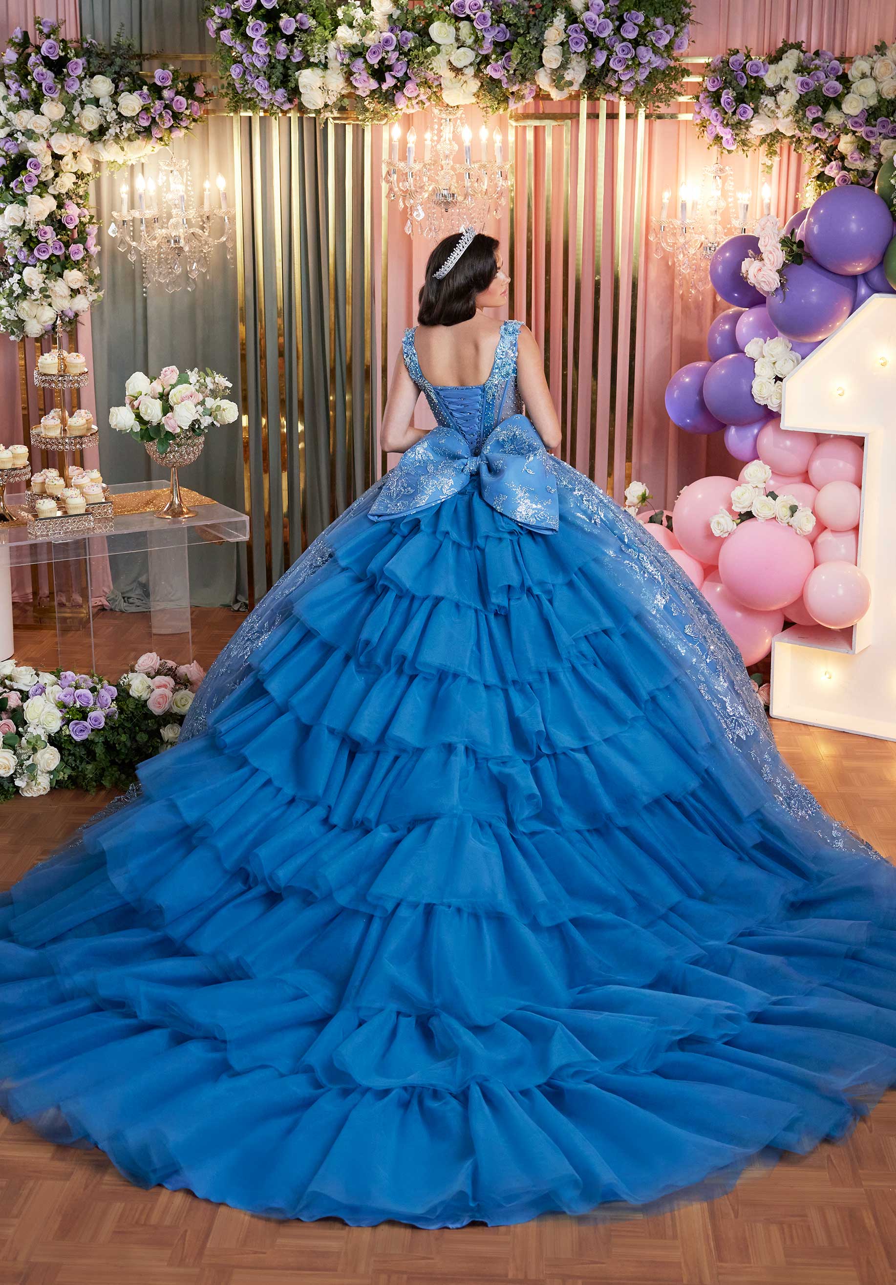 Pattern Sequin and Glitter Quinceañera Dress with Ruffle Sleeves and Streamers - Image 3