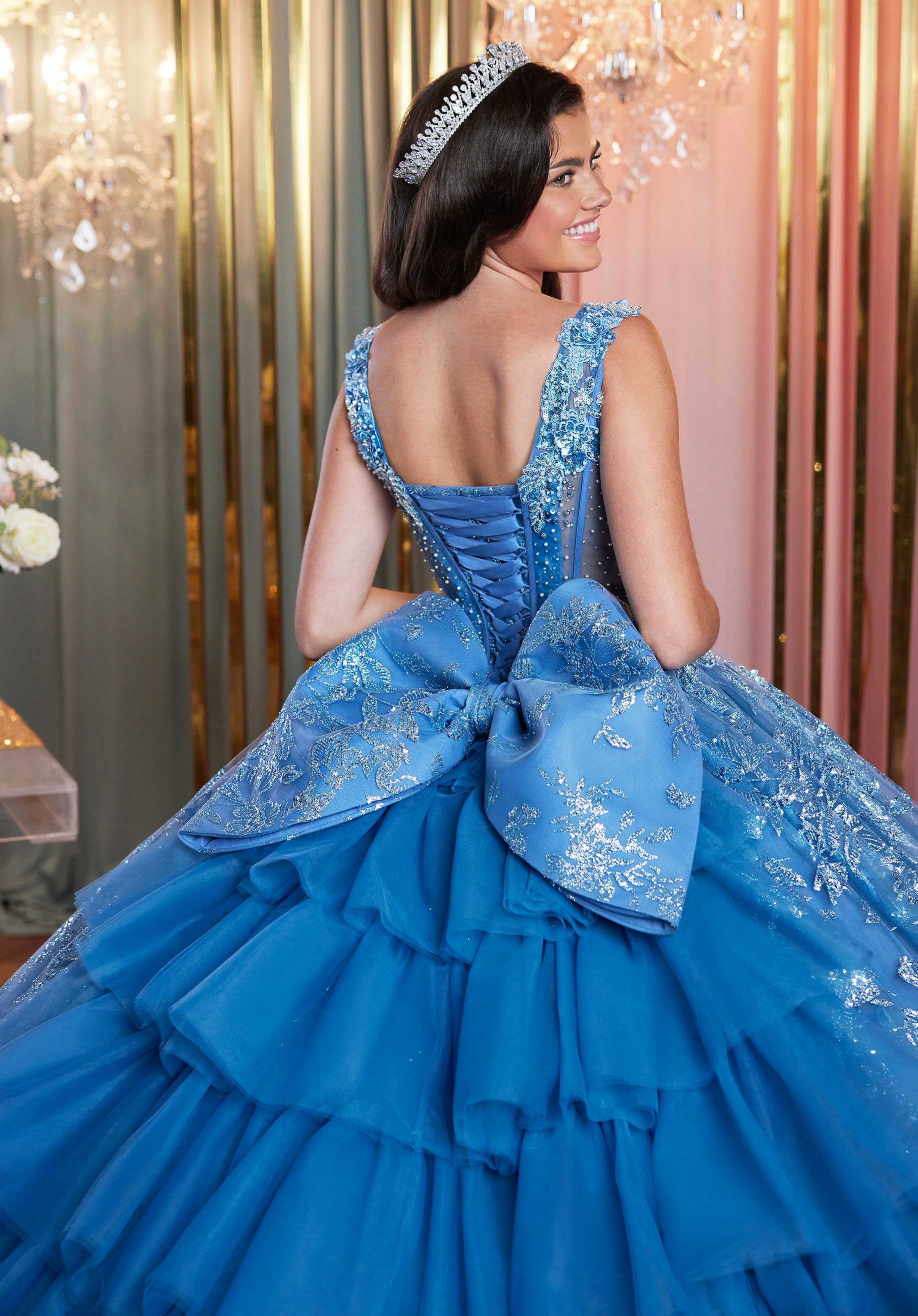 Pattern Sequin and Glitter Quinceañera Dress with Ruffle Sleeves and Streamers - Image 4