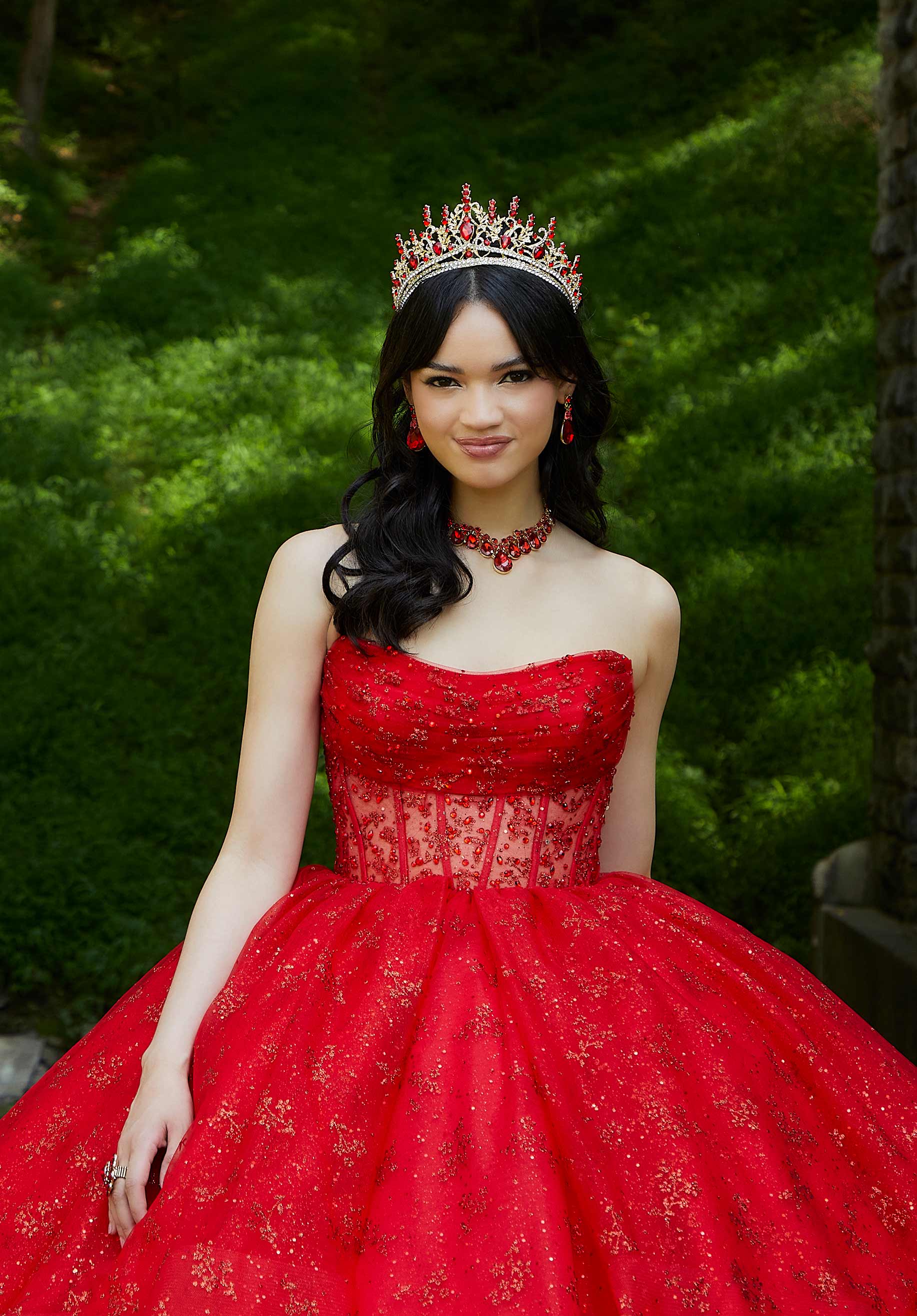 Patterned Glitter and Crystal Beaded Quinceañera Dress with Sheer Bodice - Image 3