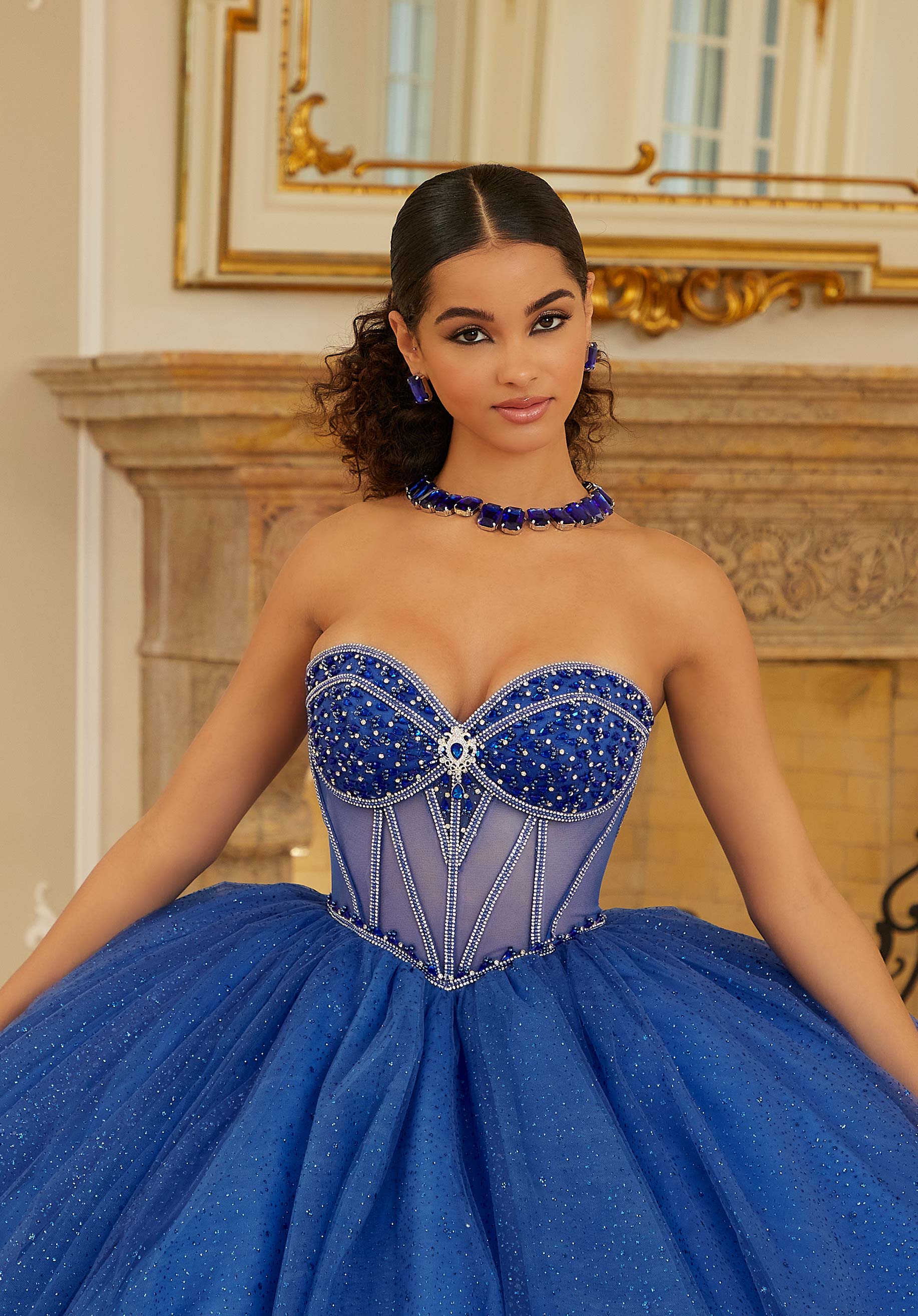 Pearl and Crystal Beaded Sparkle Tulle Quinceañera Dress with Back Bows - Image 4