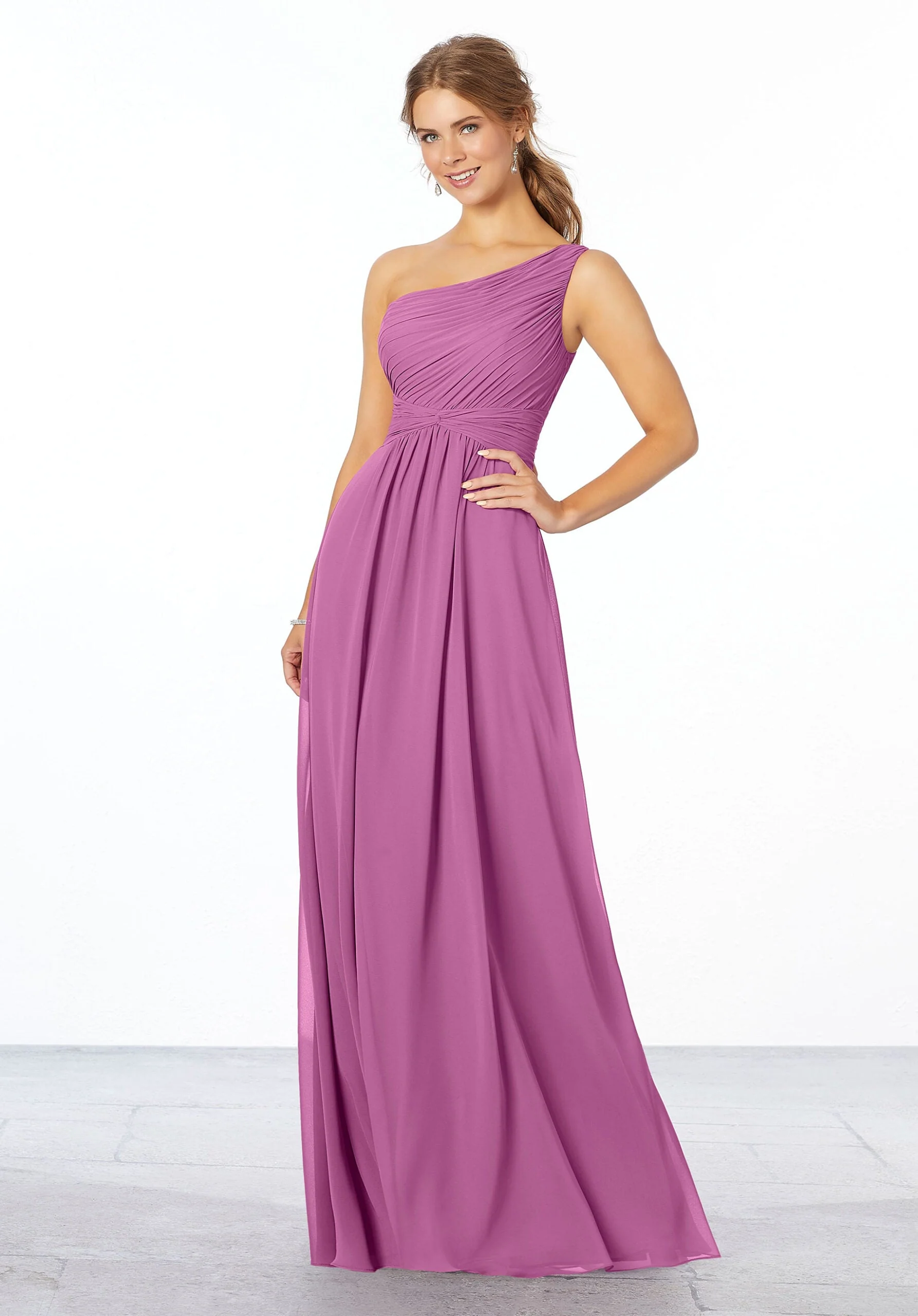Pleated, One-Shoulder Chiffon Bridesmaid Dress - Image 15