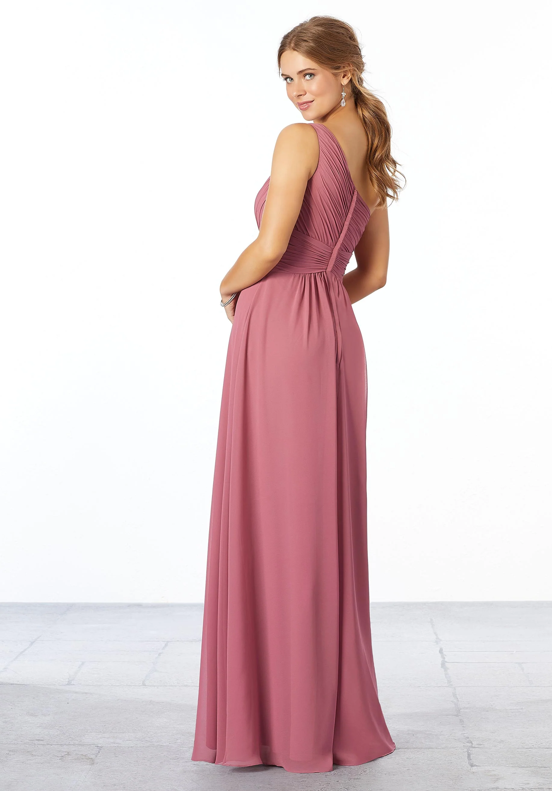 Pleated, One-Shoulder Chiffon Bridesmaid Dress - Image 3