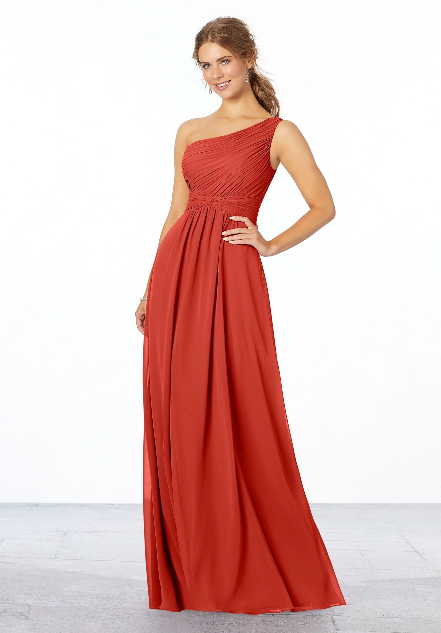 Pleated, One-Shoulder Chiffon Bridesmaid Dress - Image 34