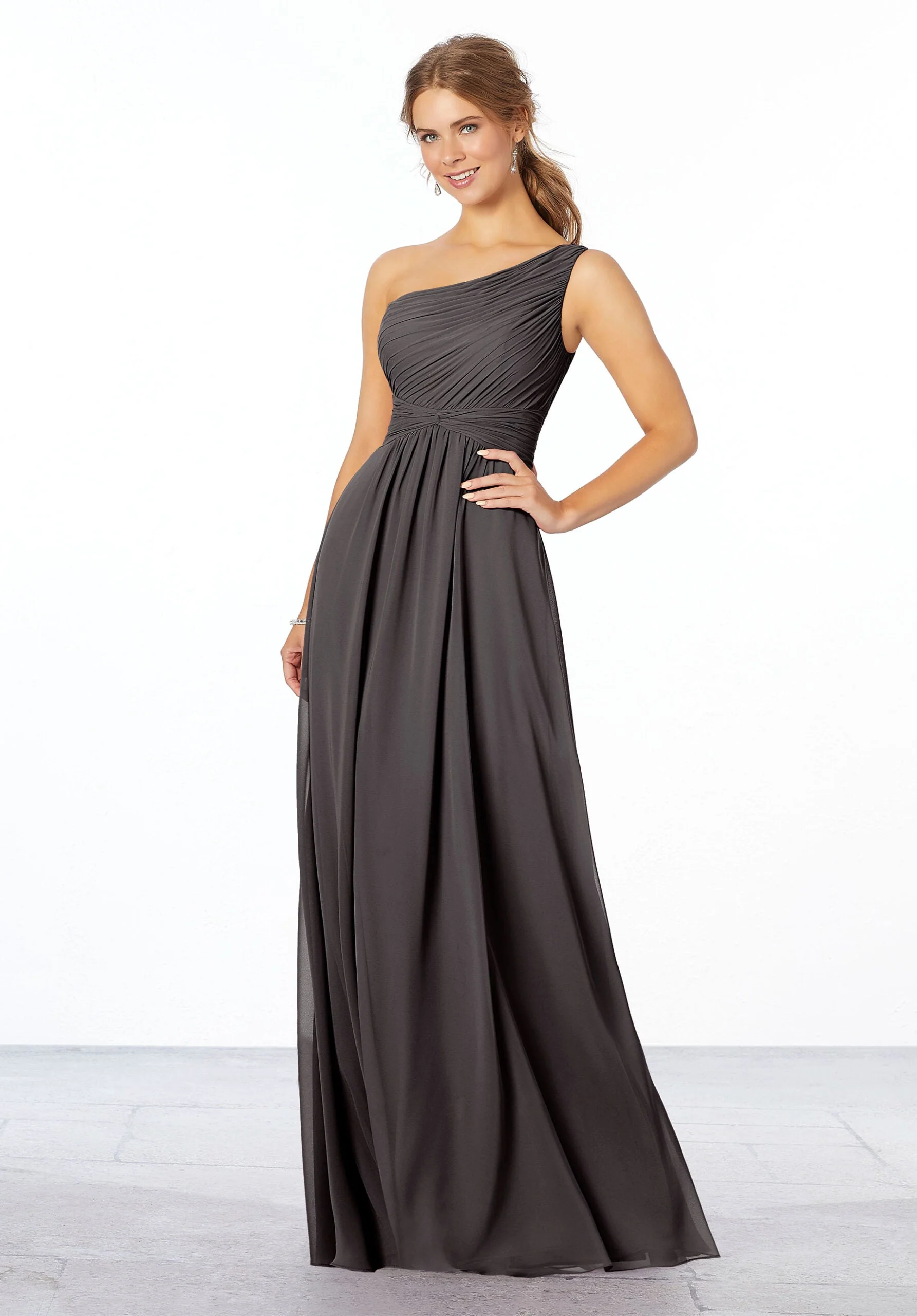 Pleated, One-Shoulder Chiffon Bridesmaid Dress - Image 35