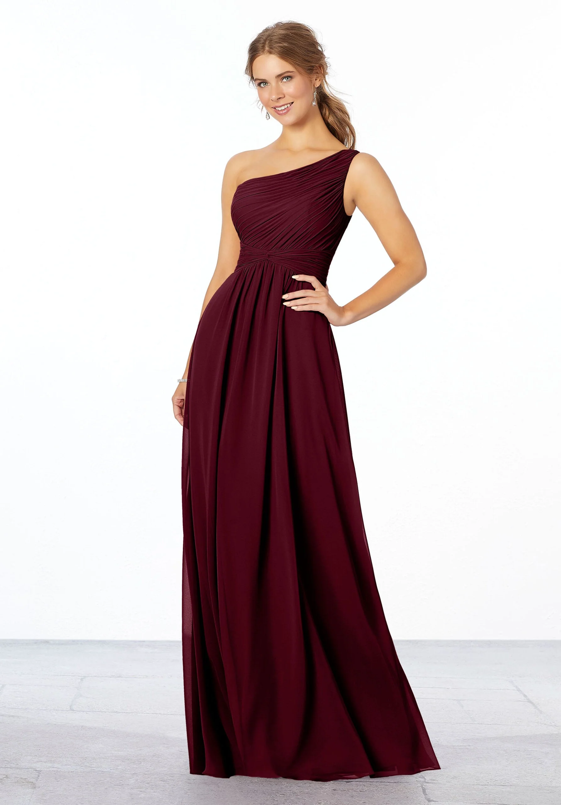 Pleated, One-Shoulder Chiffon Bridesmaid Dress - Image 39