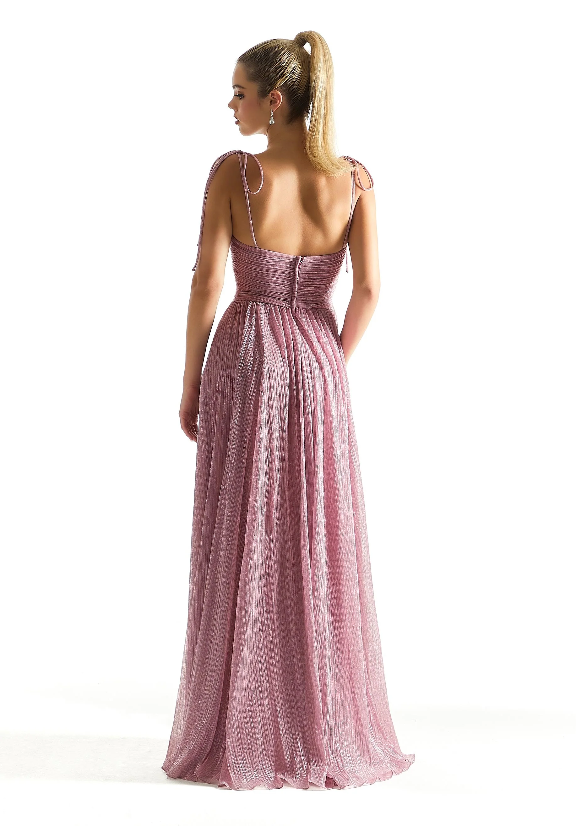Pleated Shimmer Bridesmaid Dress with Tie Straps - Image 3