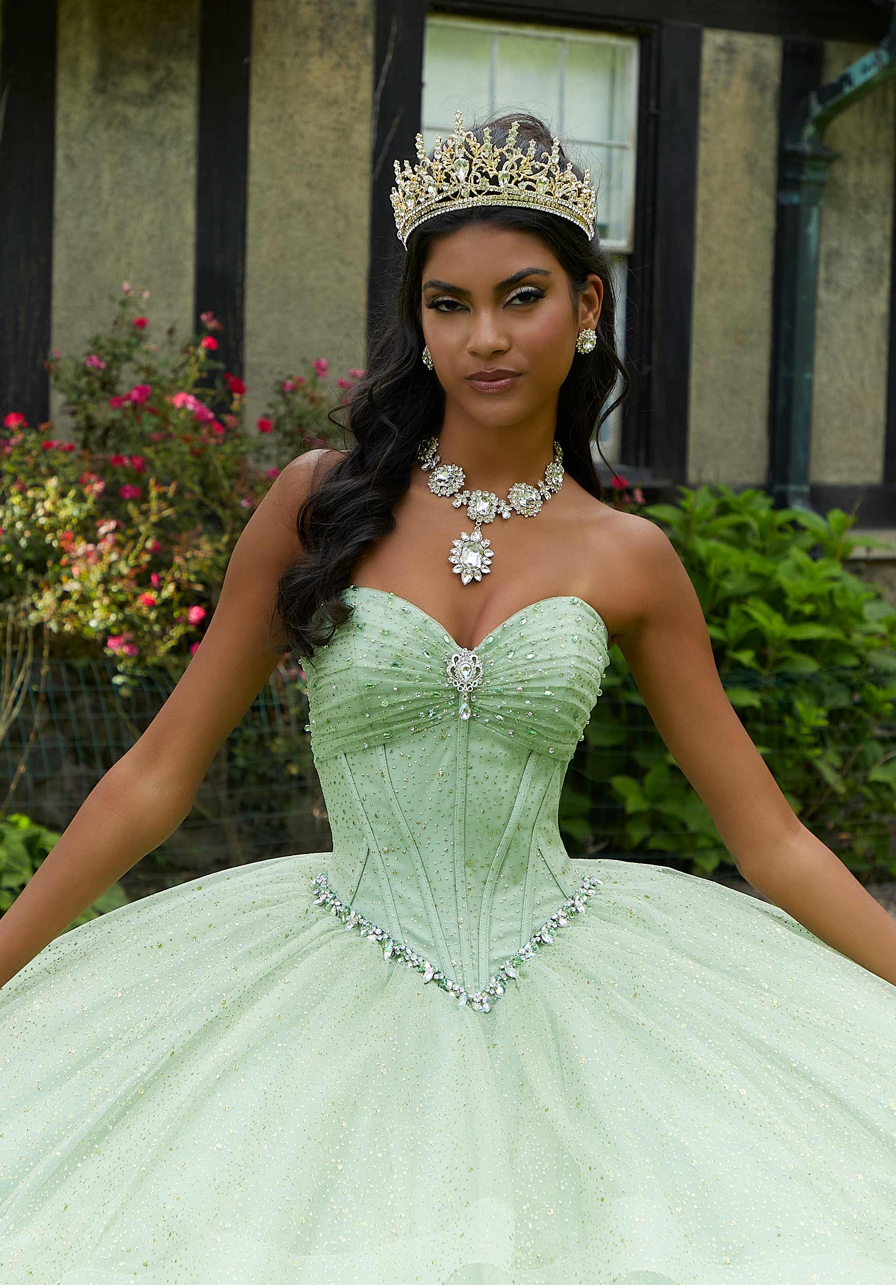 Rhinestone and Patterned Glitter Quinceañera Dress with Skirt Overskirt - Image 5